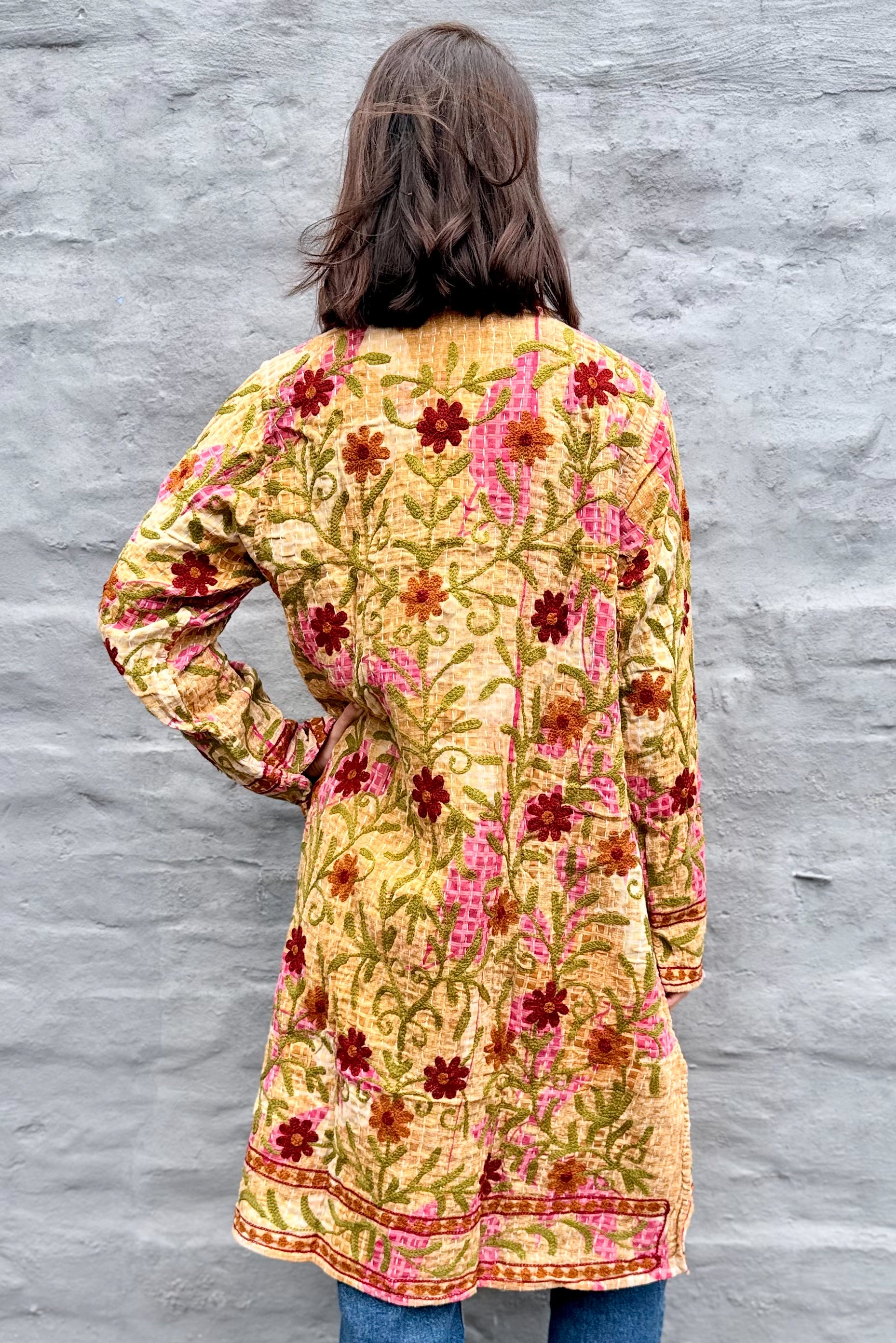 Embroidered Kantha Jacket In Rust & Tan Daisy