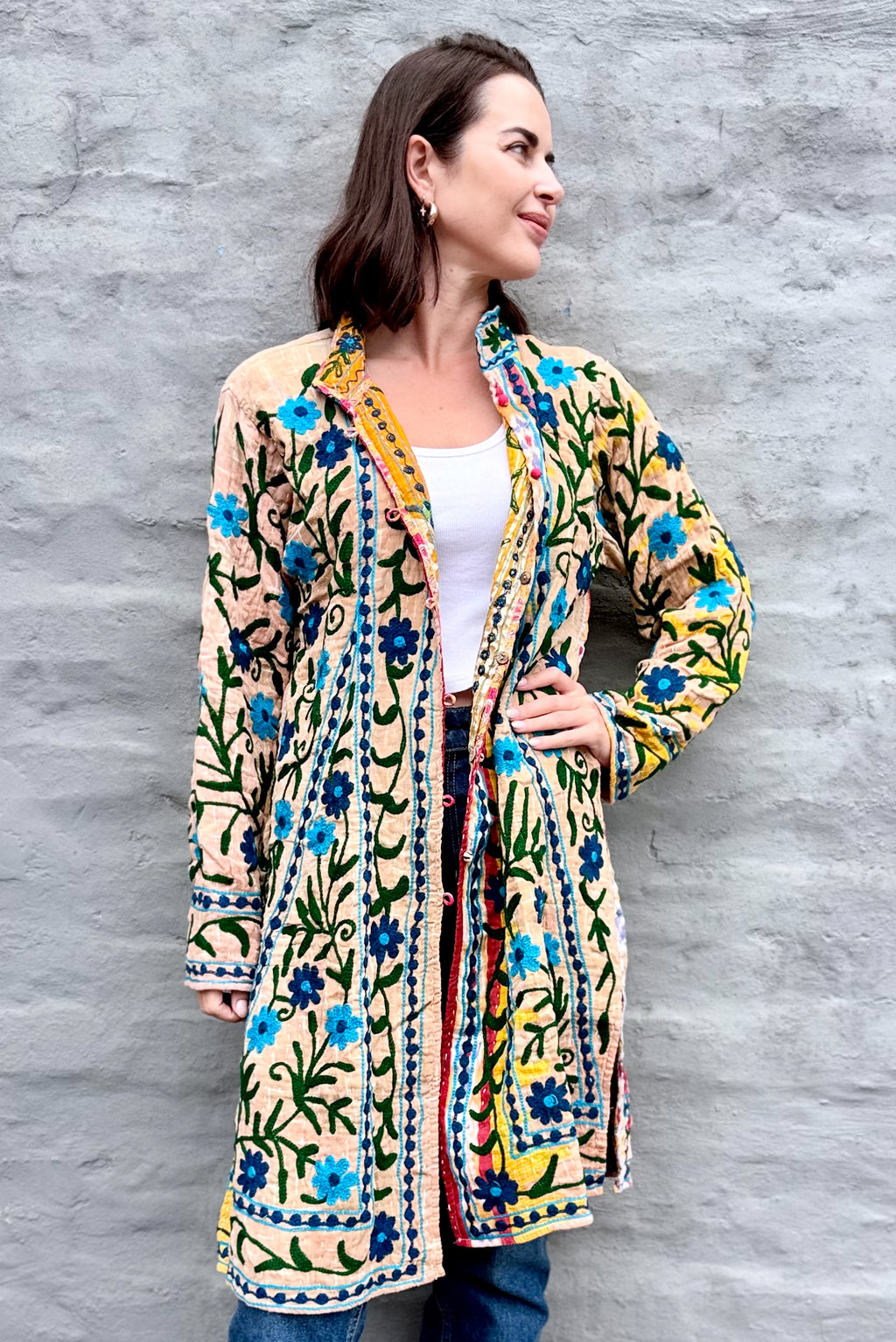 Embroidered Kantha Jacket In Blue Daisy