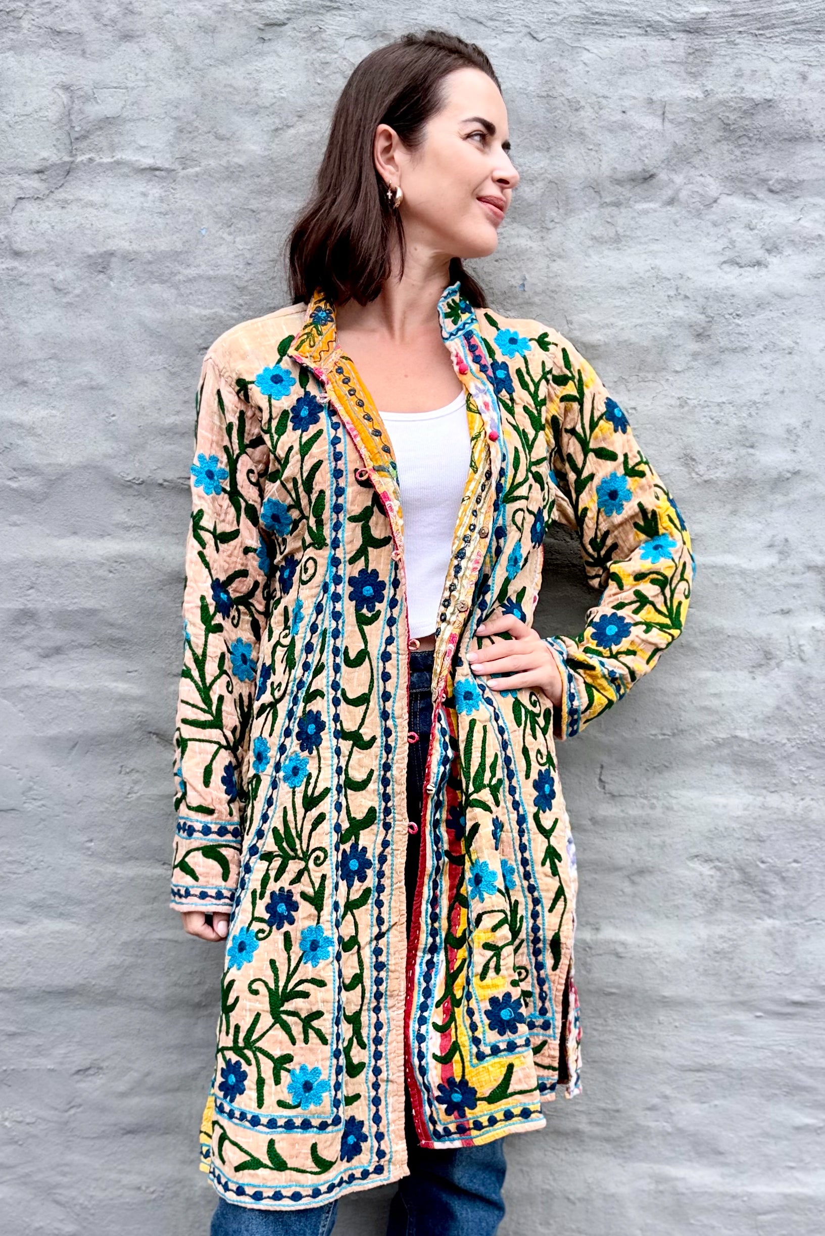 Embroidered Kantha Jacket In Blue Daisy