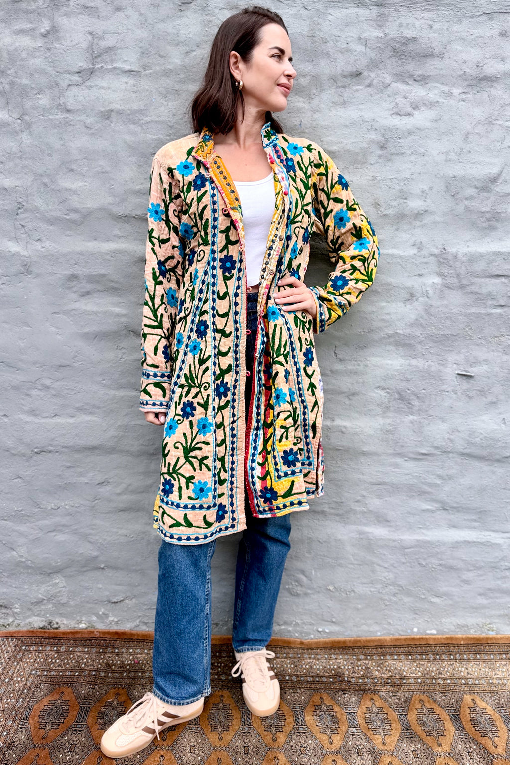 Embroidered Kantha Jacket In Blue Daisy