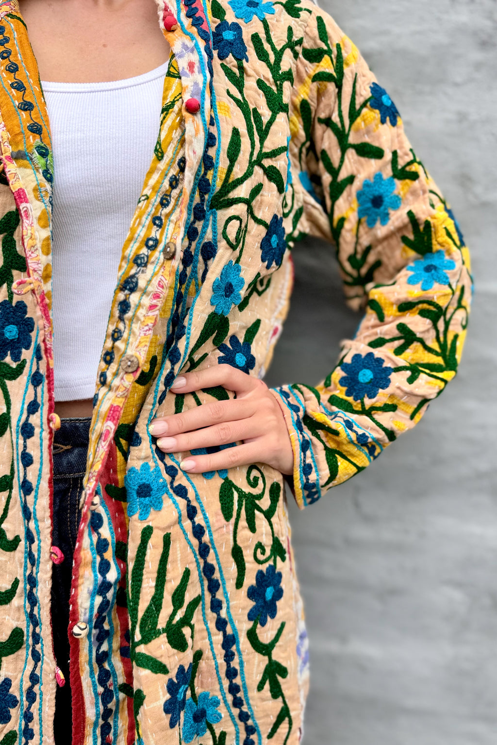 Embroidered Kantha Jacket In Blue Daisy