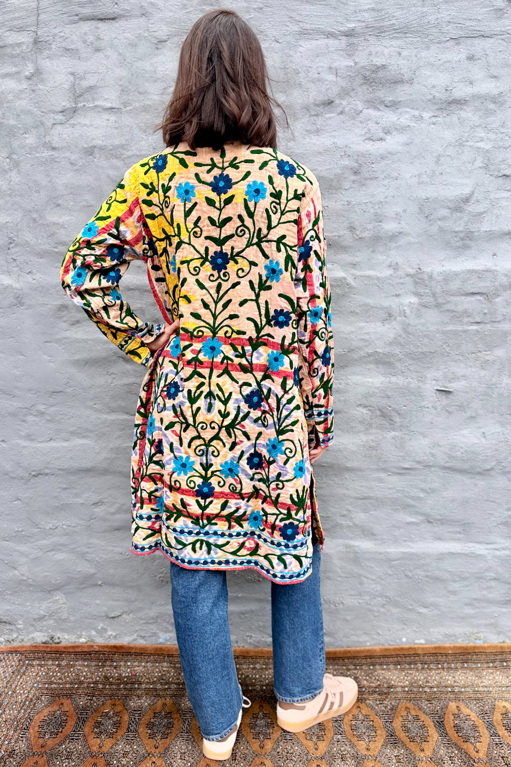 Embroidered Kantha Jacket In Blue Daisy
