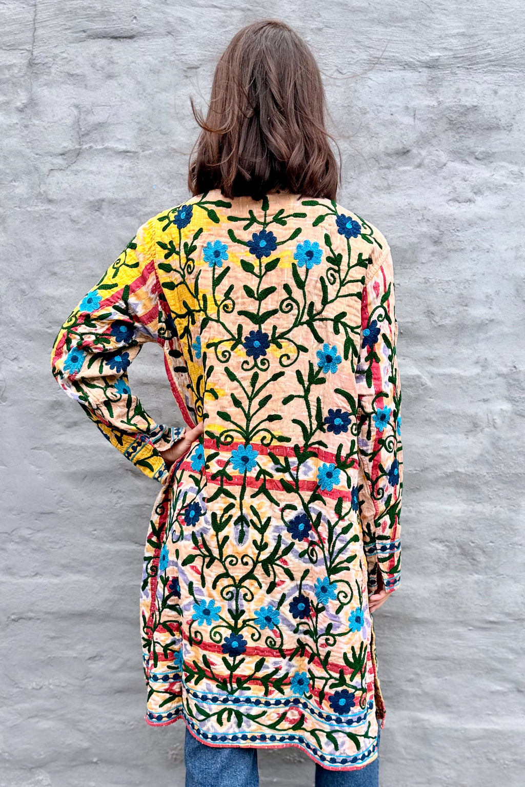 Embroidered Kantha Jacket In Blue Daisy