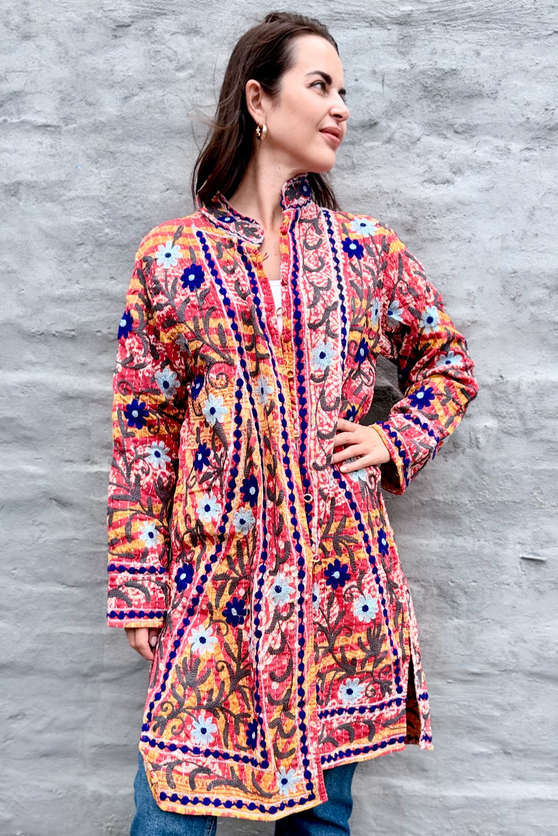 Embroidered Kantha Jacket In Navy & Ice Daisy