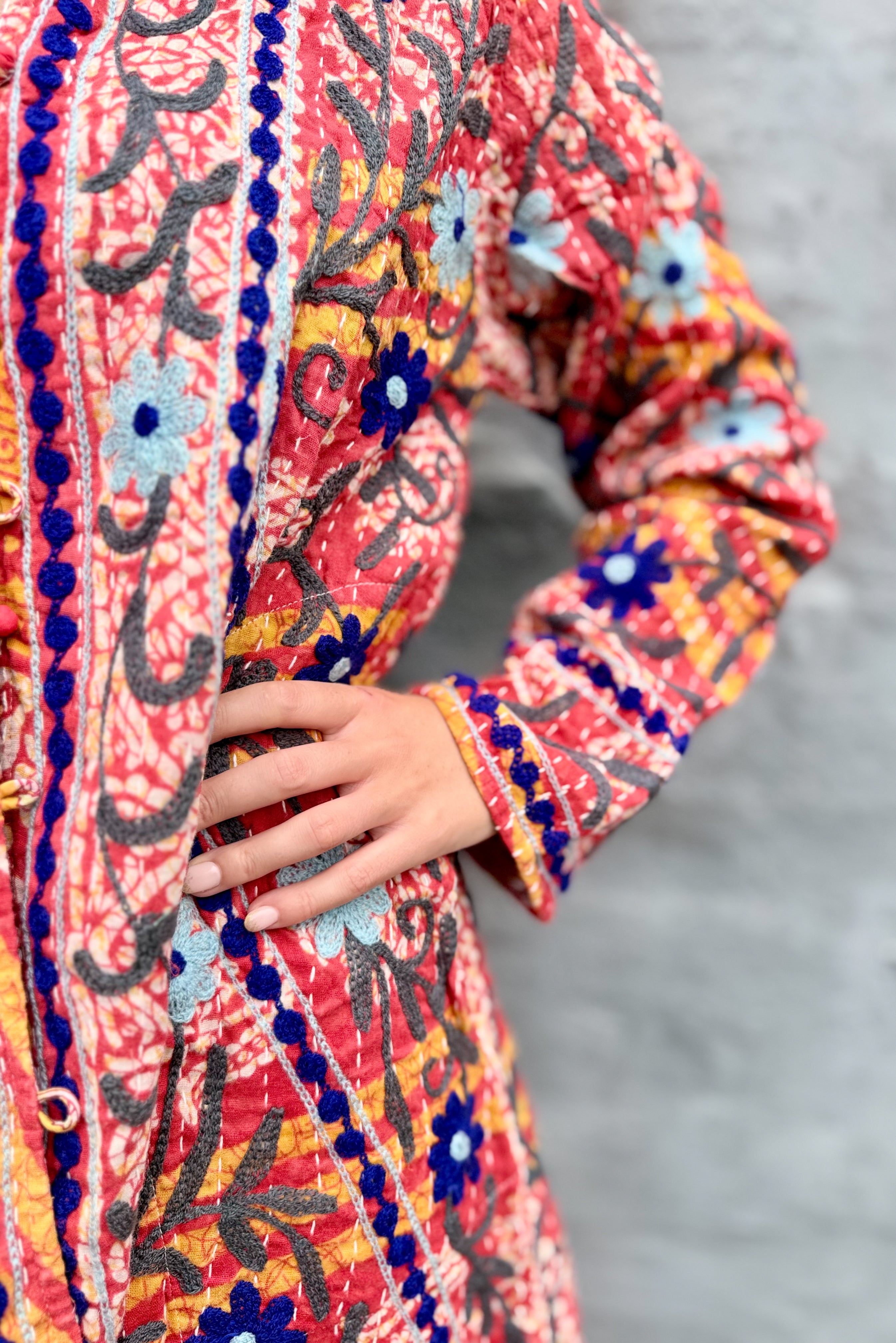 Embroidered Kantha Jacket In Navy & Ice Daisy