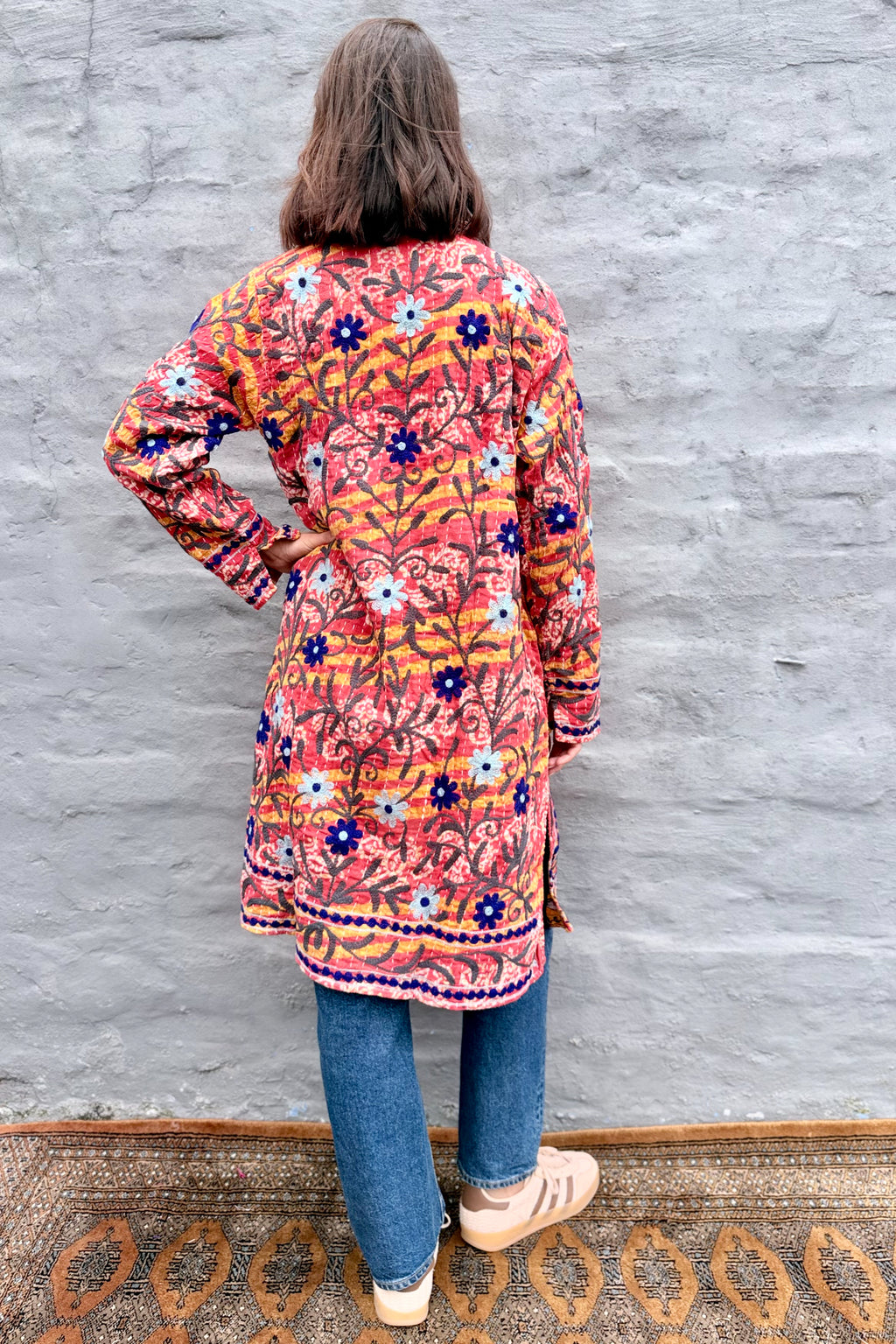 Embroidered Kantha Jacket In Navy & Ice Daisy