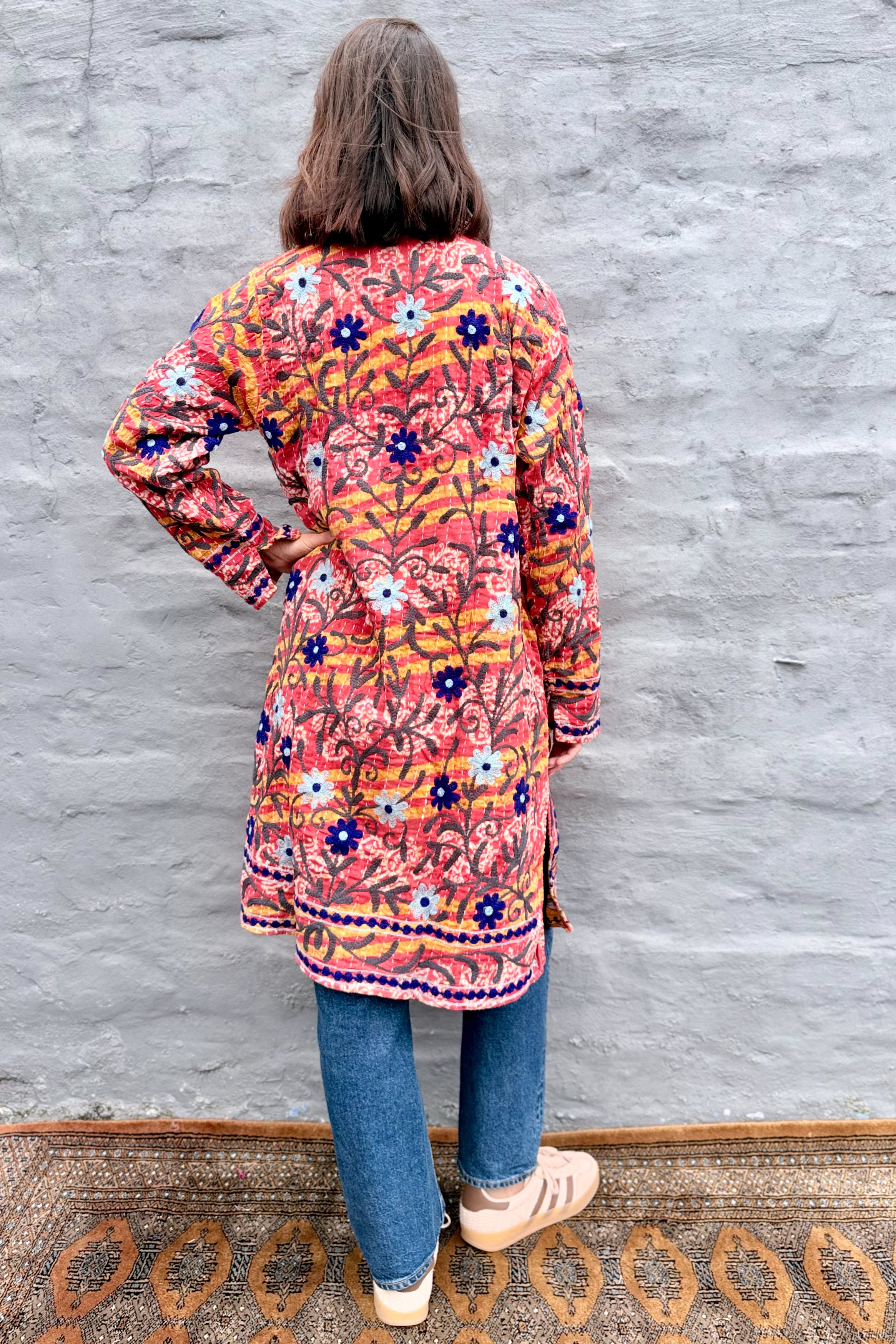 Embroidered Kantha Jacket In Navy & Ice Daisy