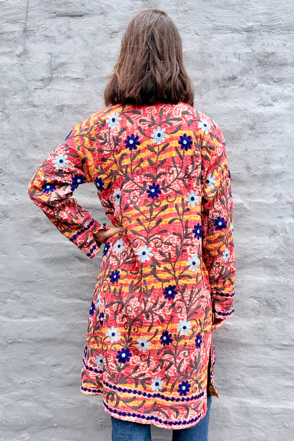 Embroidered Kantha Jacket In Navy & Ice Daisy