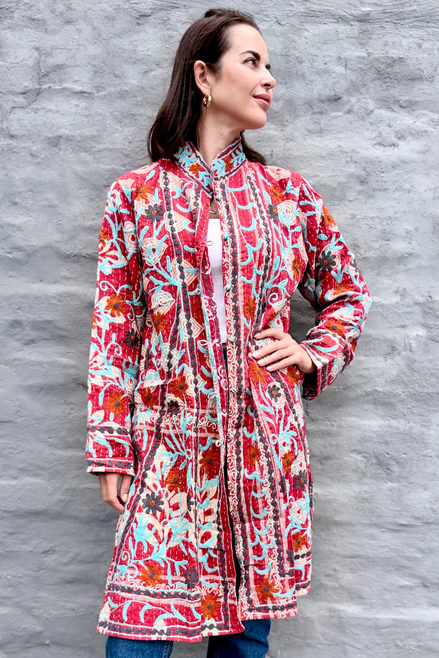Embroidered Kantha Jacket In Slate & Orange Daisy