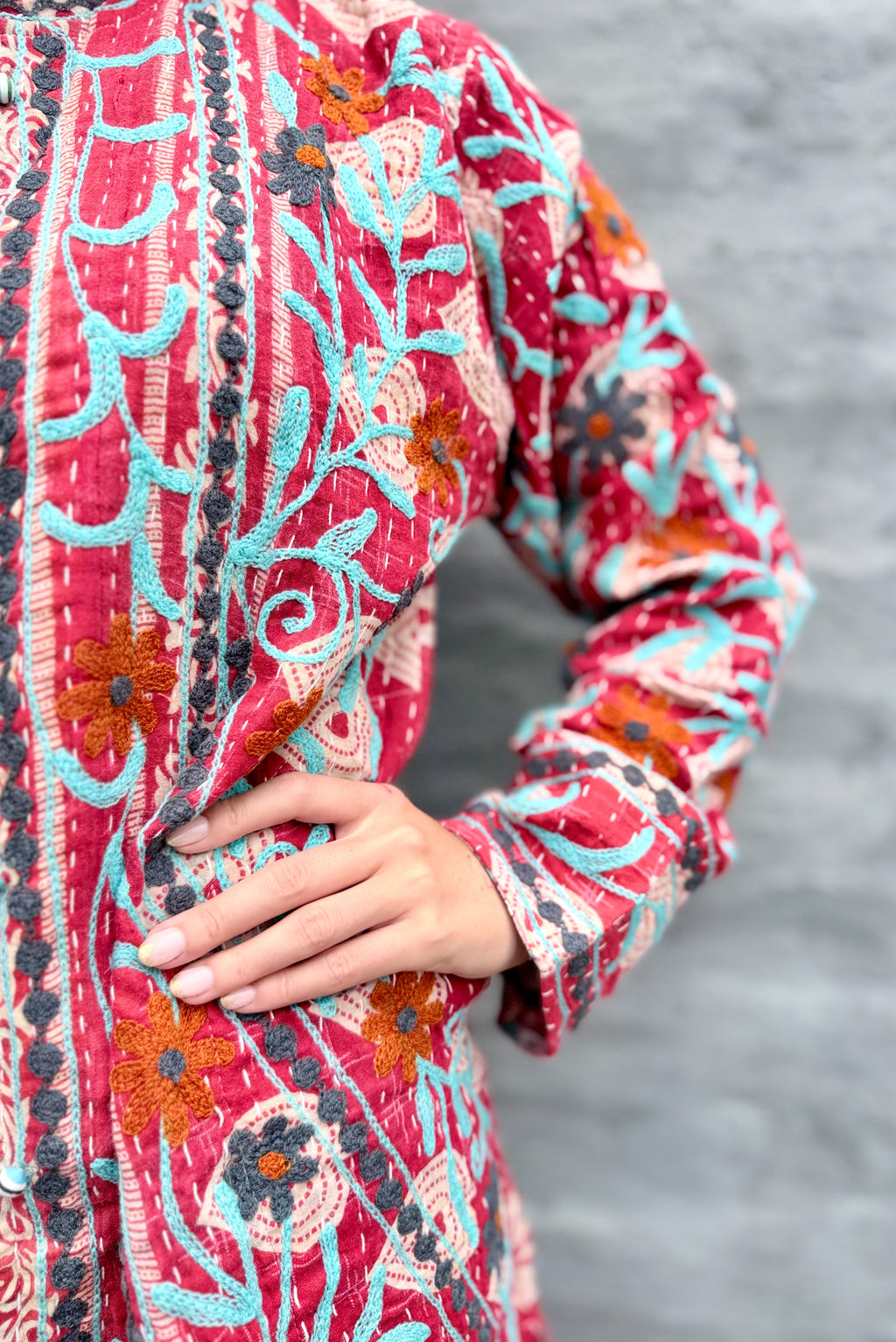 Embroidered Kantha Jacket In Slate & Orange Daisy