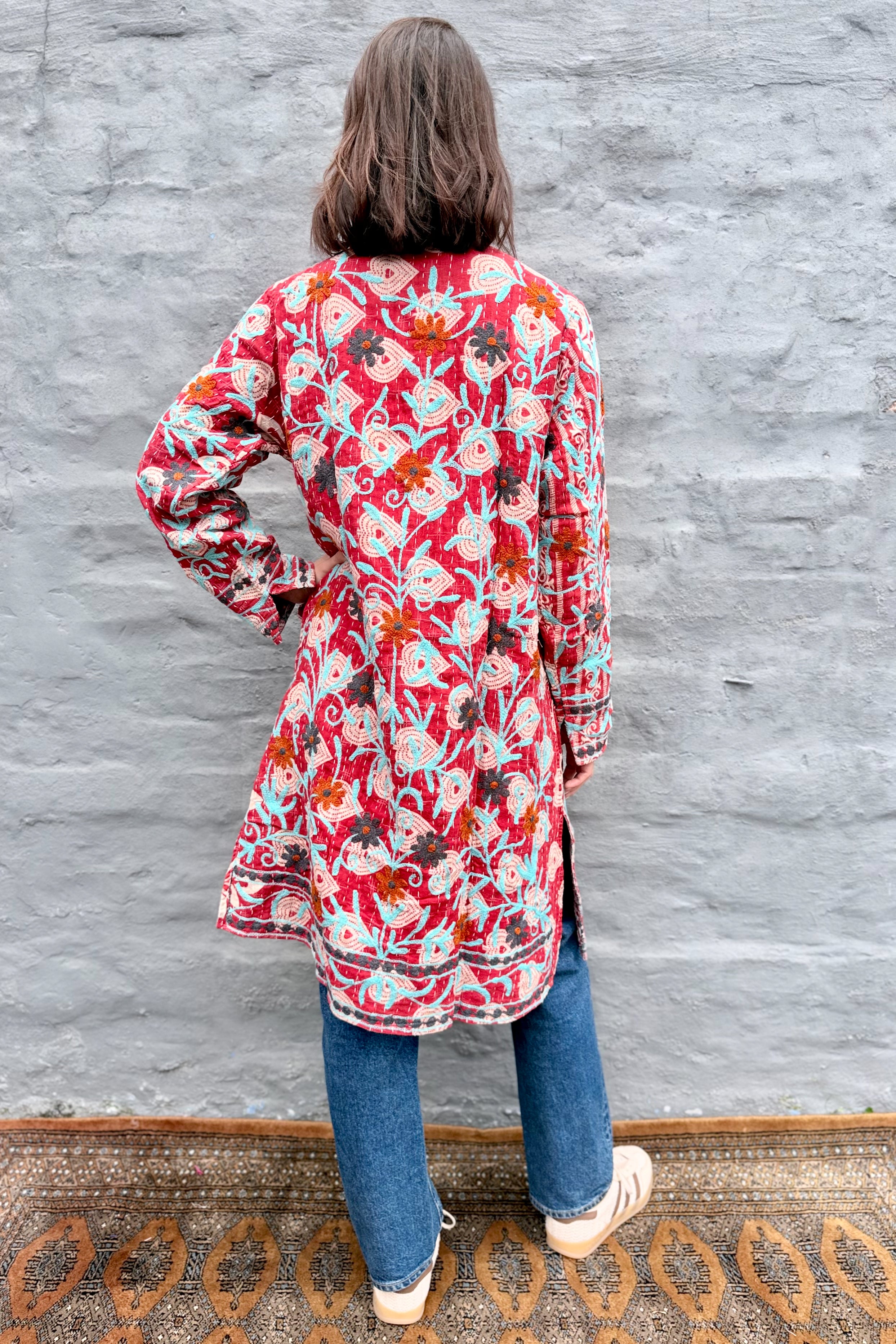 Embroidered Kantha Jacket In Slate & Orange Daisy