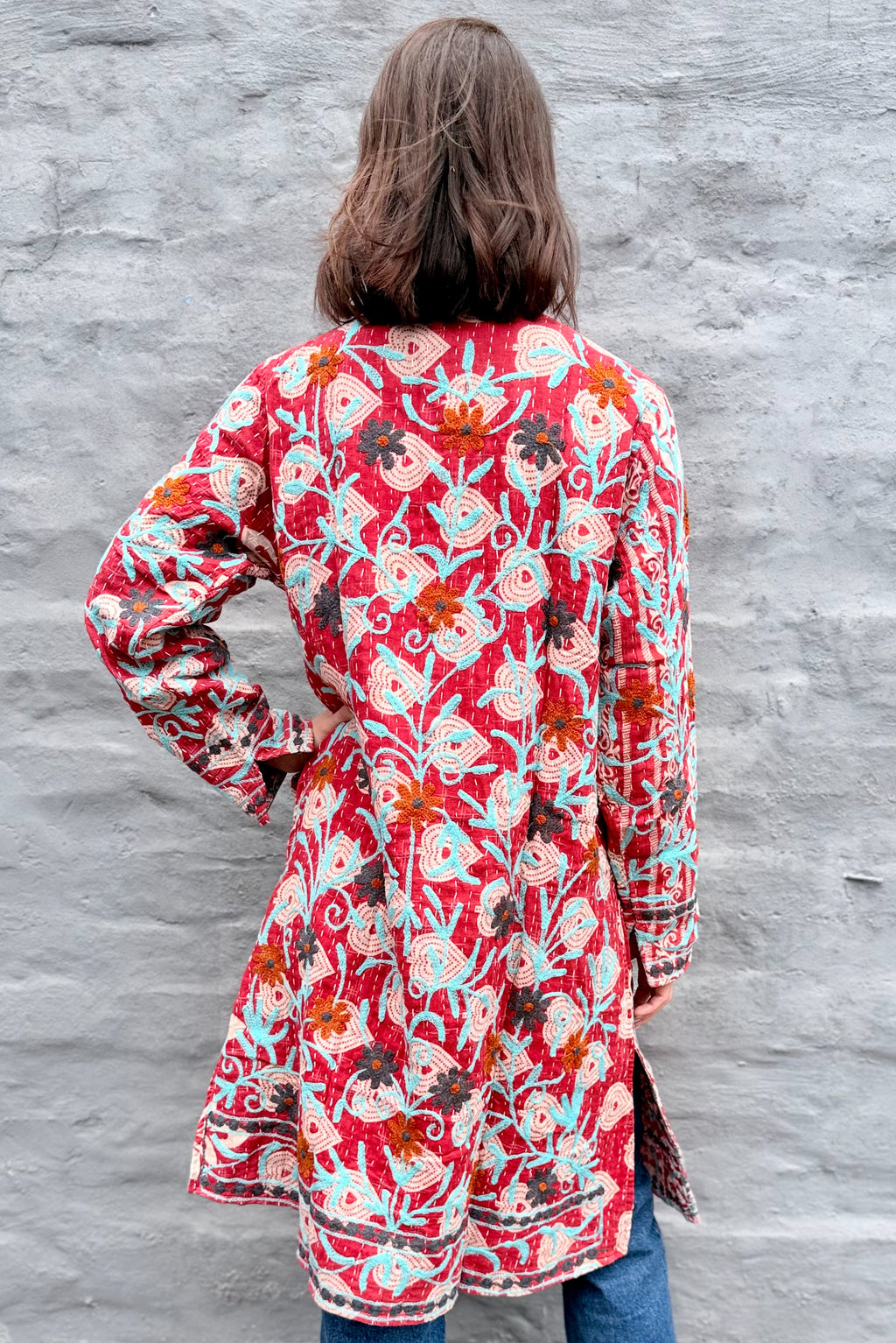 Embroidered Kantha Jacket In Slate & Orange Daisy