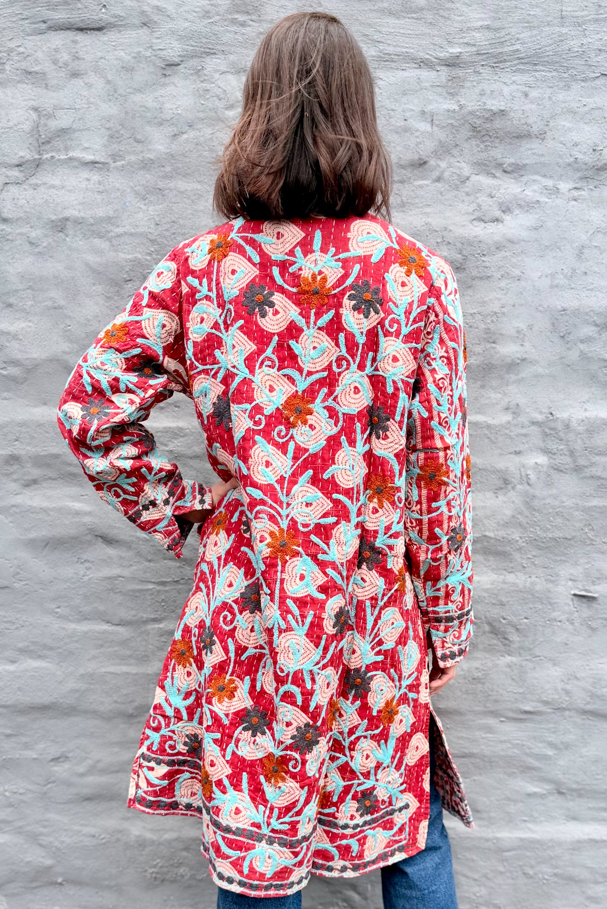 Embroidered Kantha Jacket In Slate & Orange Daisy