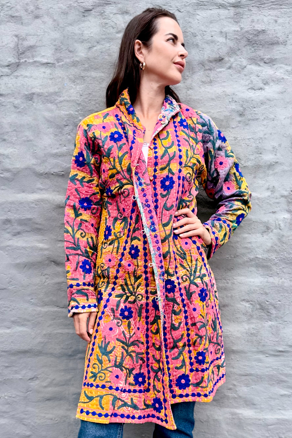 Embroidered Kantha Jacket In Pink & Royal Daisy