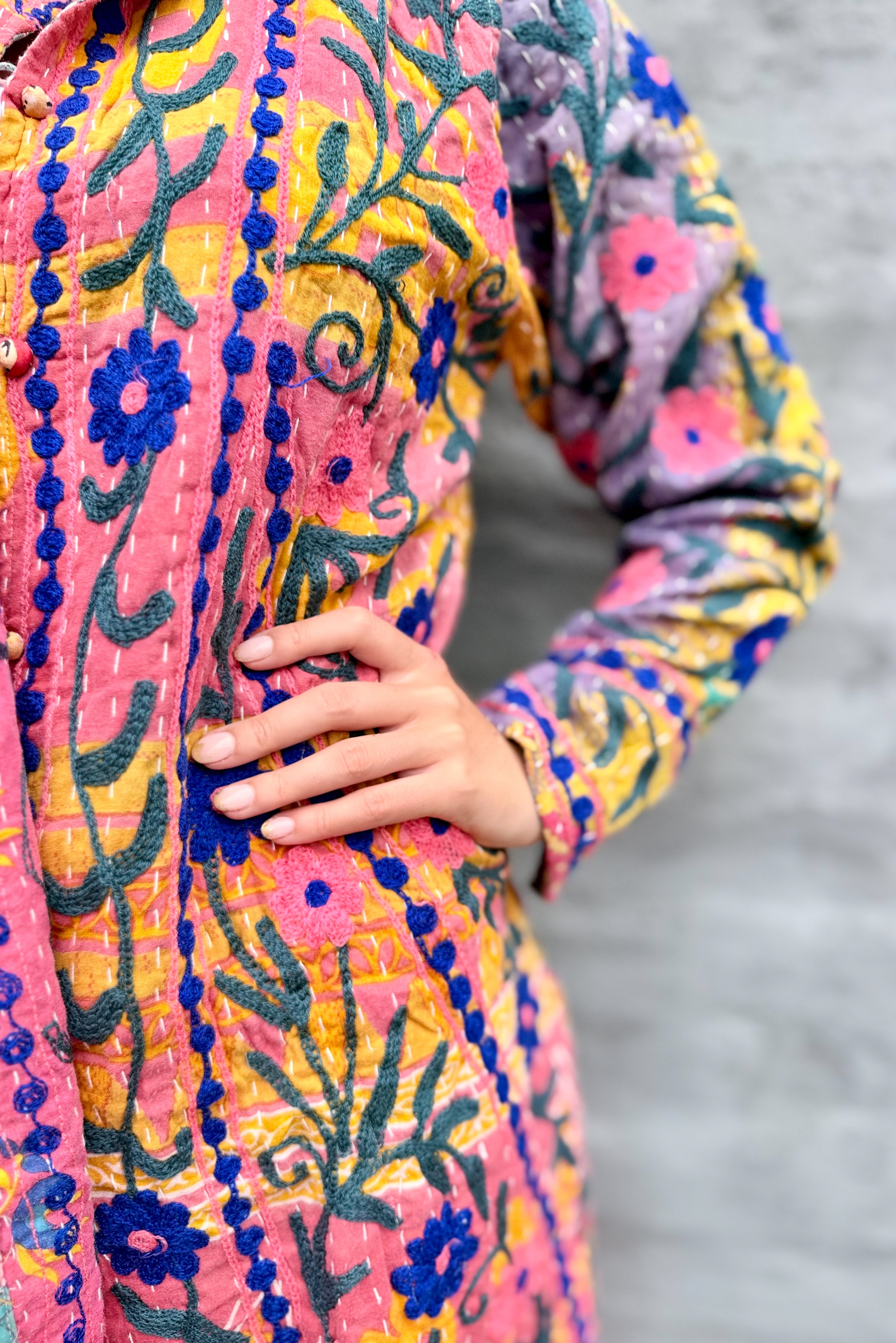 Embroidered Kantha Jacket In Pink & Royal Daisy