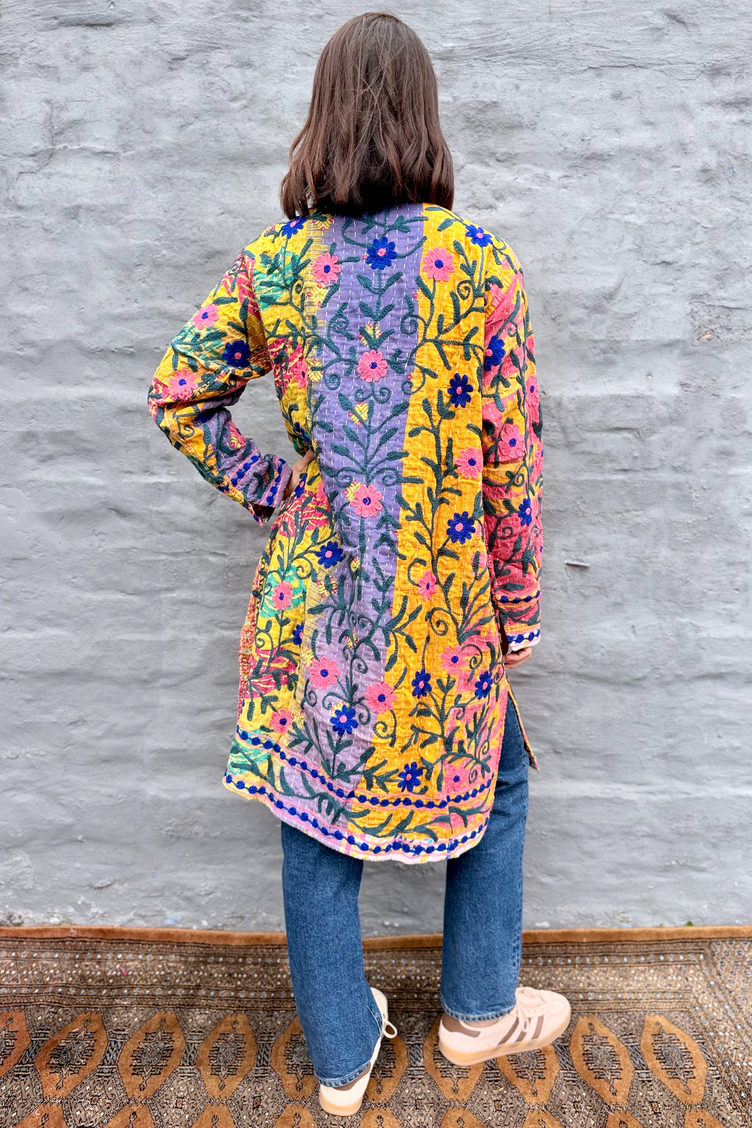 Embroidered Kantha Jacket In Pink & Royal Daisy