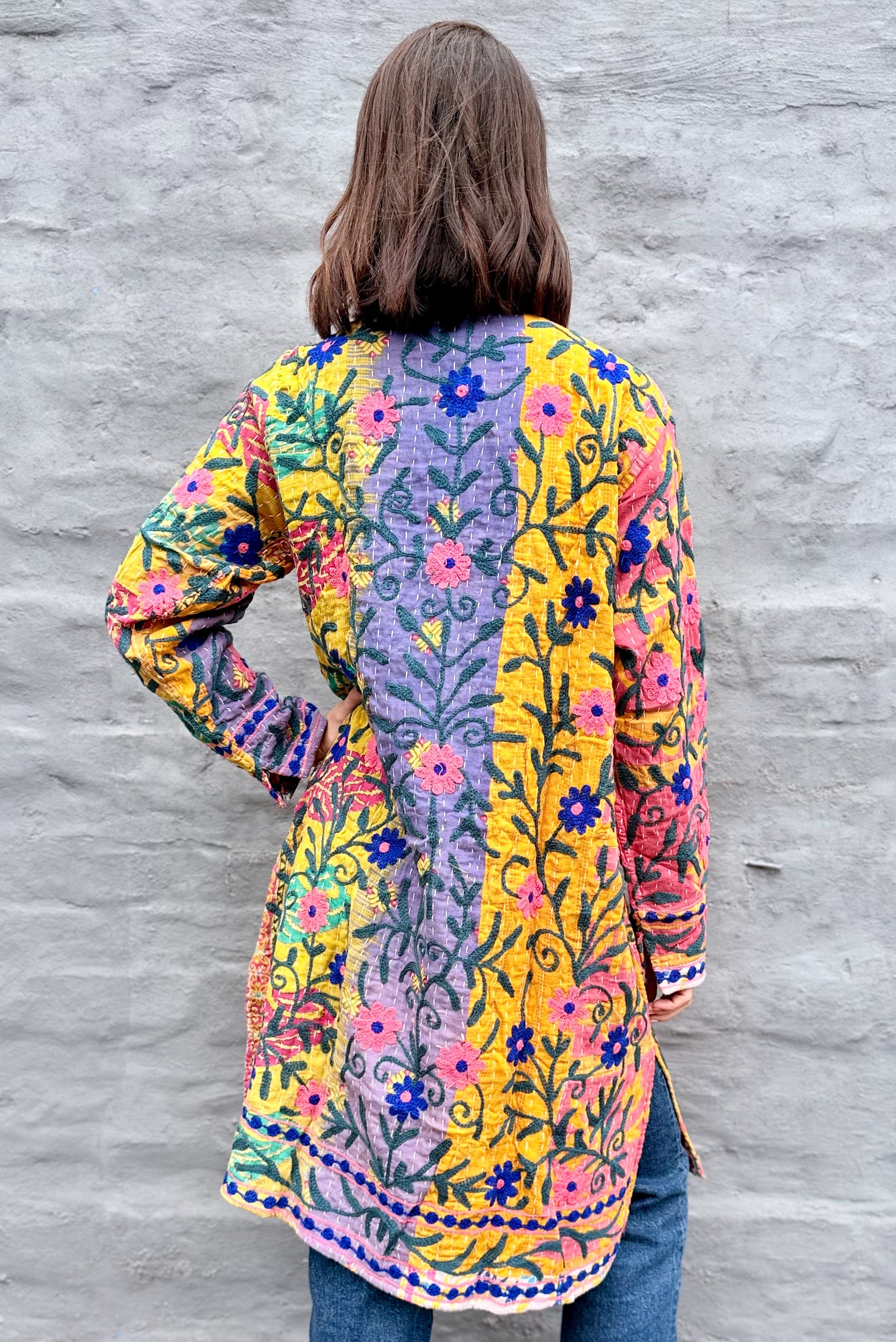Embroidered Kantha Jacket In Pink & Royal Daisy