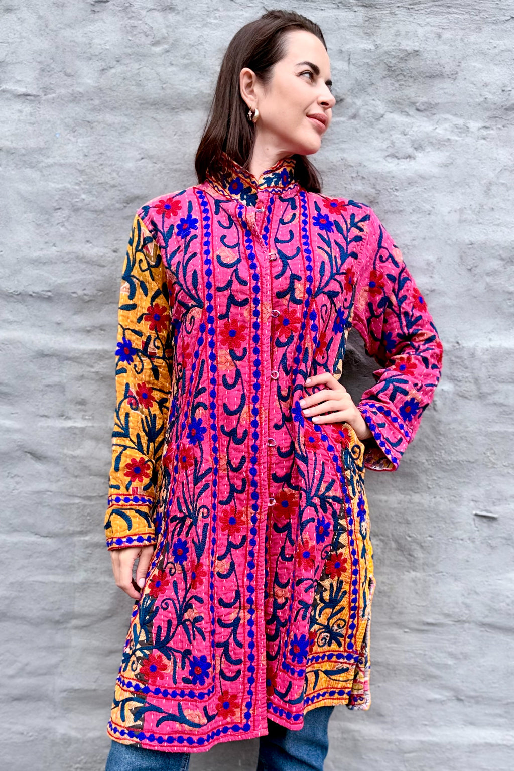 Embroidered Kantha Jacket In Red & Royal Daisy