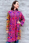Embroidered Kantha Jacket In Red & Royal Daisy