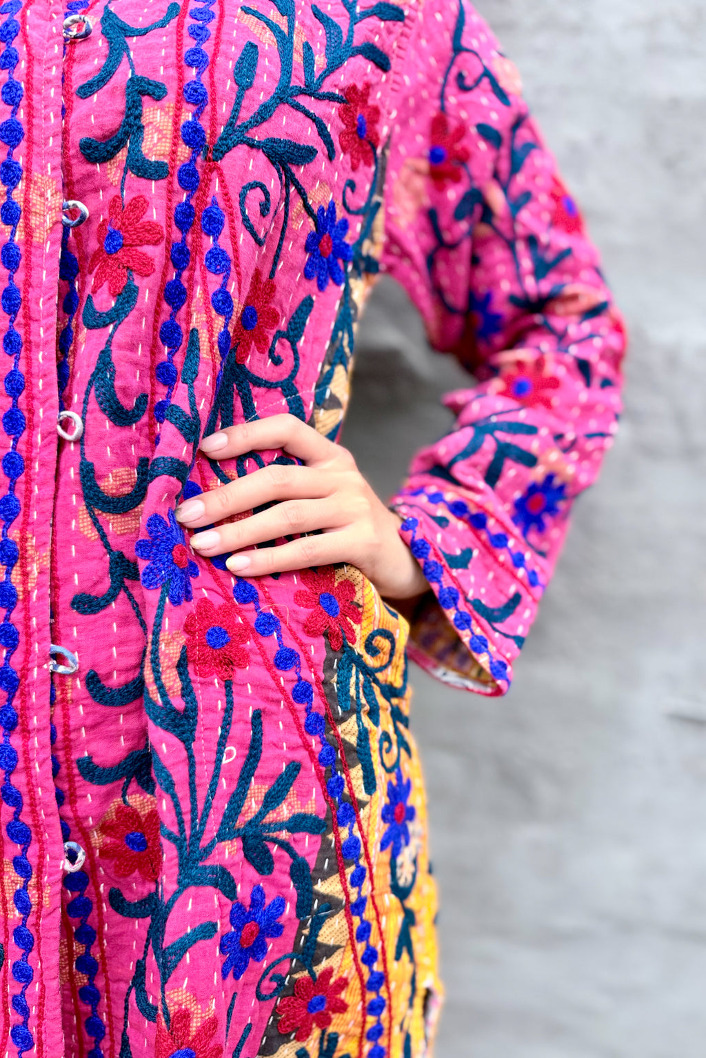 Embroidered Kantha Jacket In Red & Royal Daisy