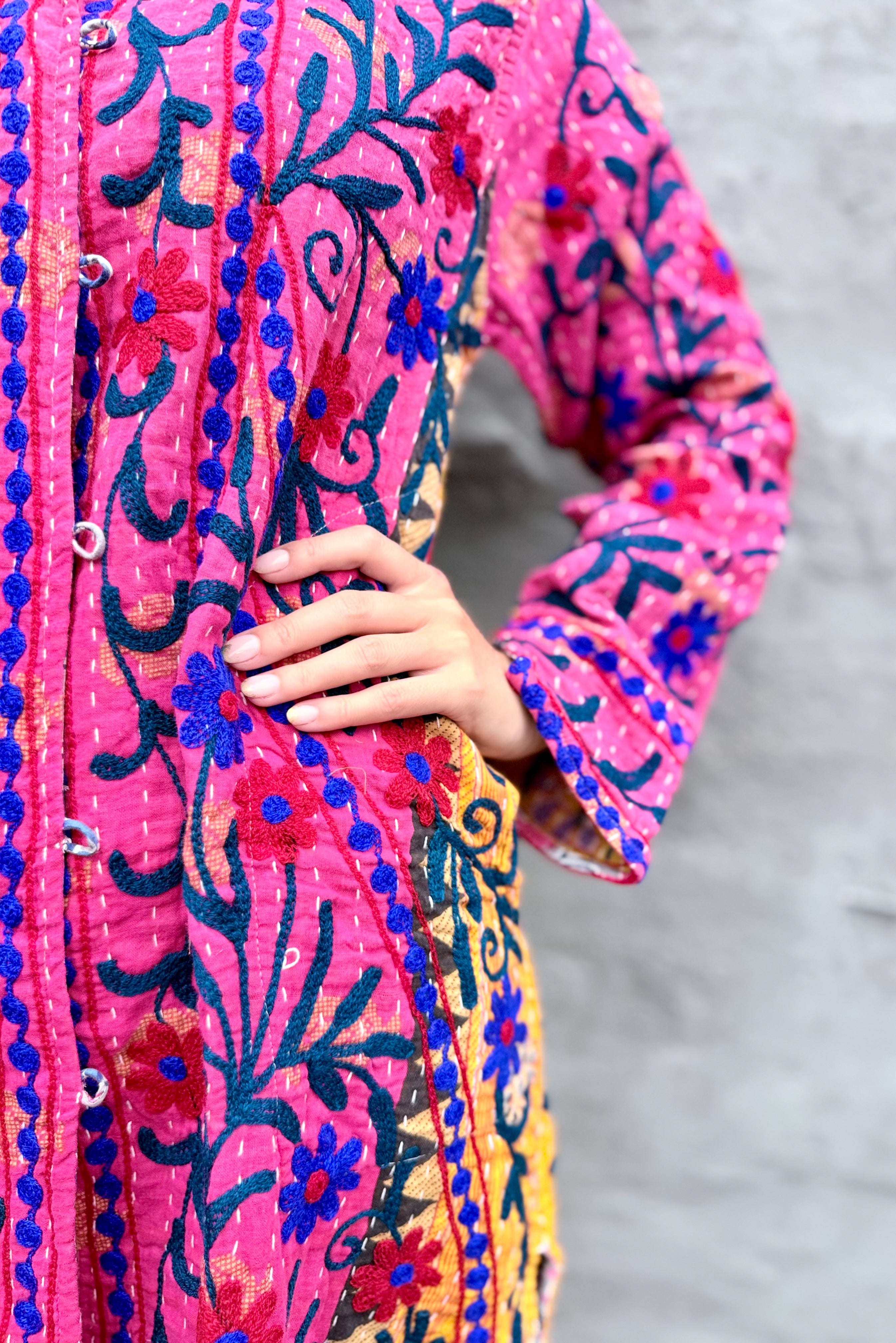 Embroidered Kantha Jacket In Red & Royal Daisy