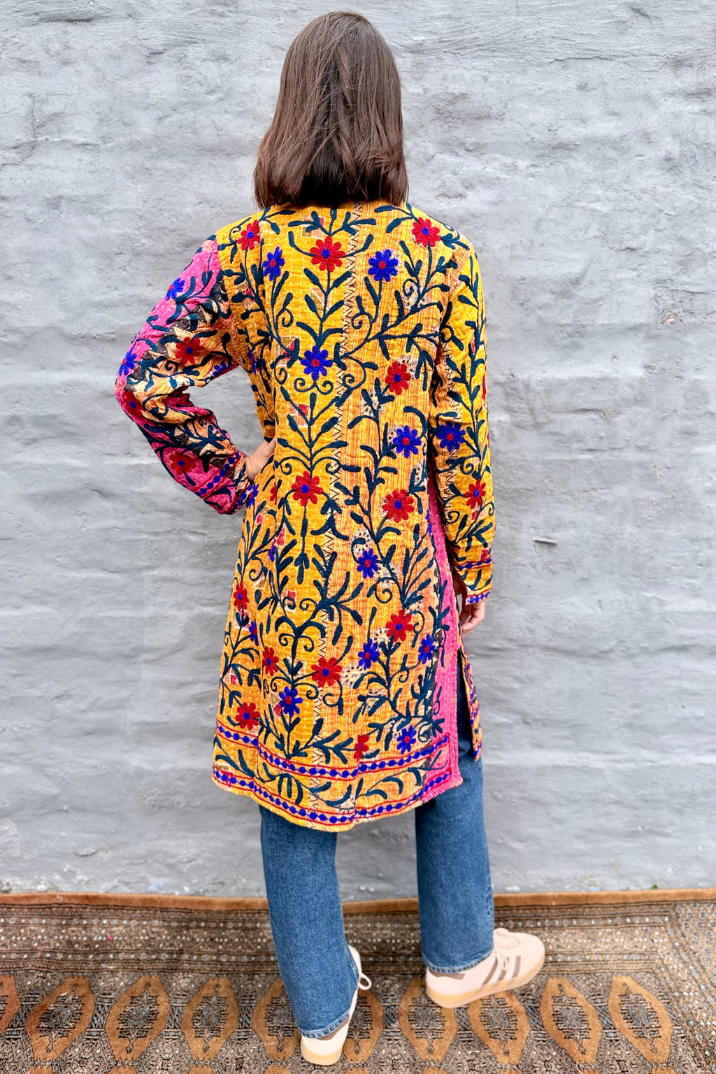 Embroidered Kantha Jacket In Red & Royal Daisy