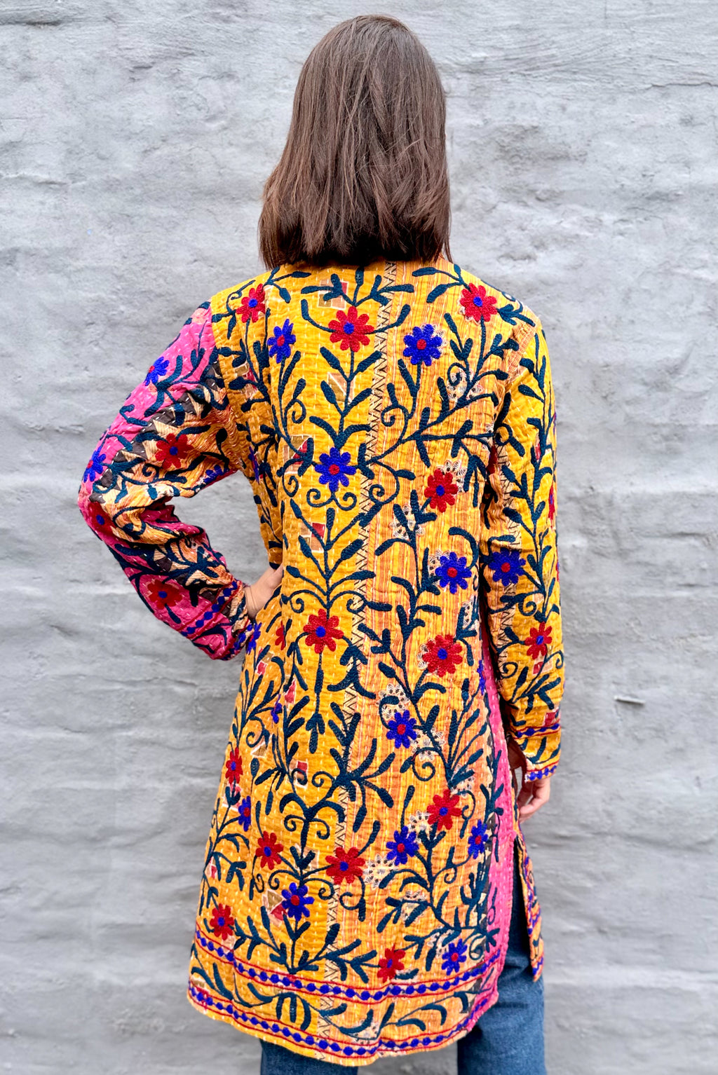Embroidered Kantha Jacket In Red & Royal Daisy