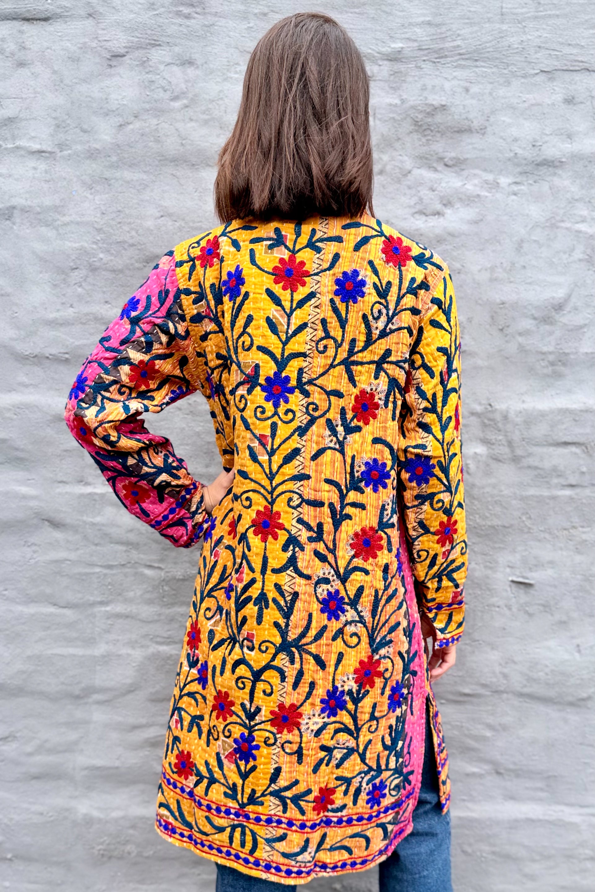 Embroidered Kantha Jacket In Red & Royal Daisy