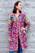 Embroidered Kantha Jacket In Pink & Sky Daisy