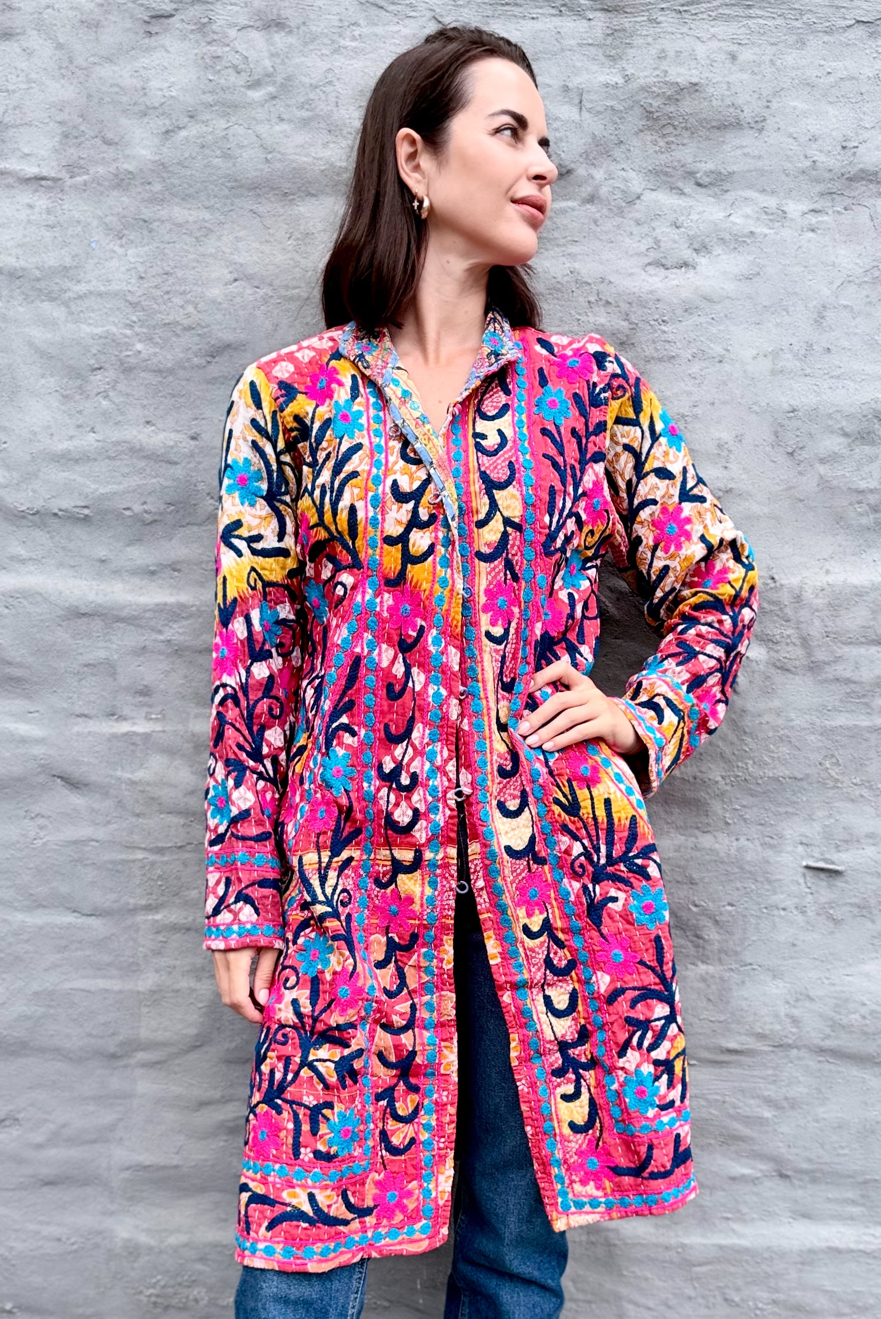 Embroidered Kantha Jacket In Pink & Sky Daisy