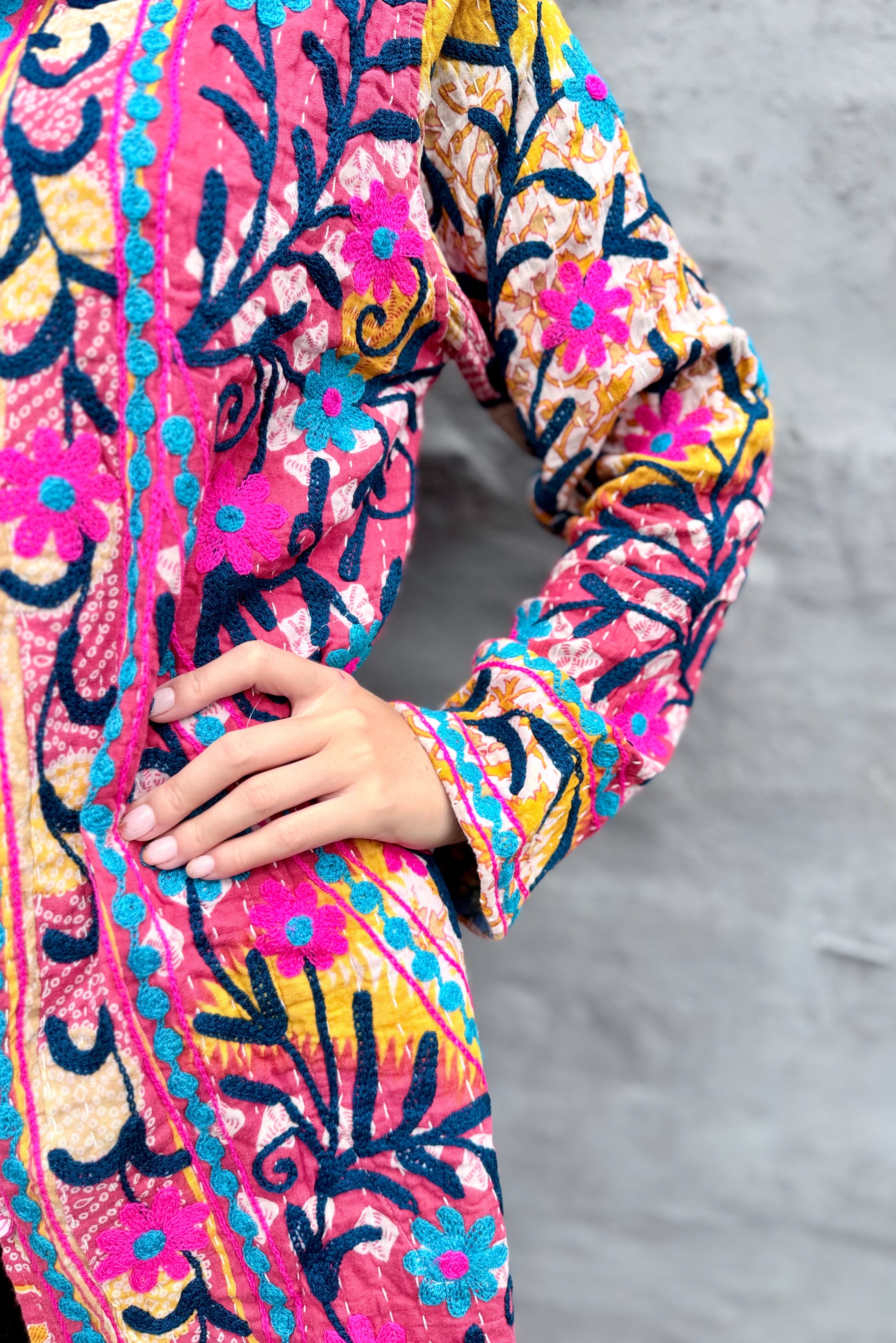 Embroidered Kantha Jacket In Pink & Sky Daisy