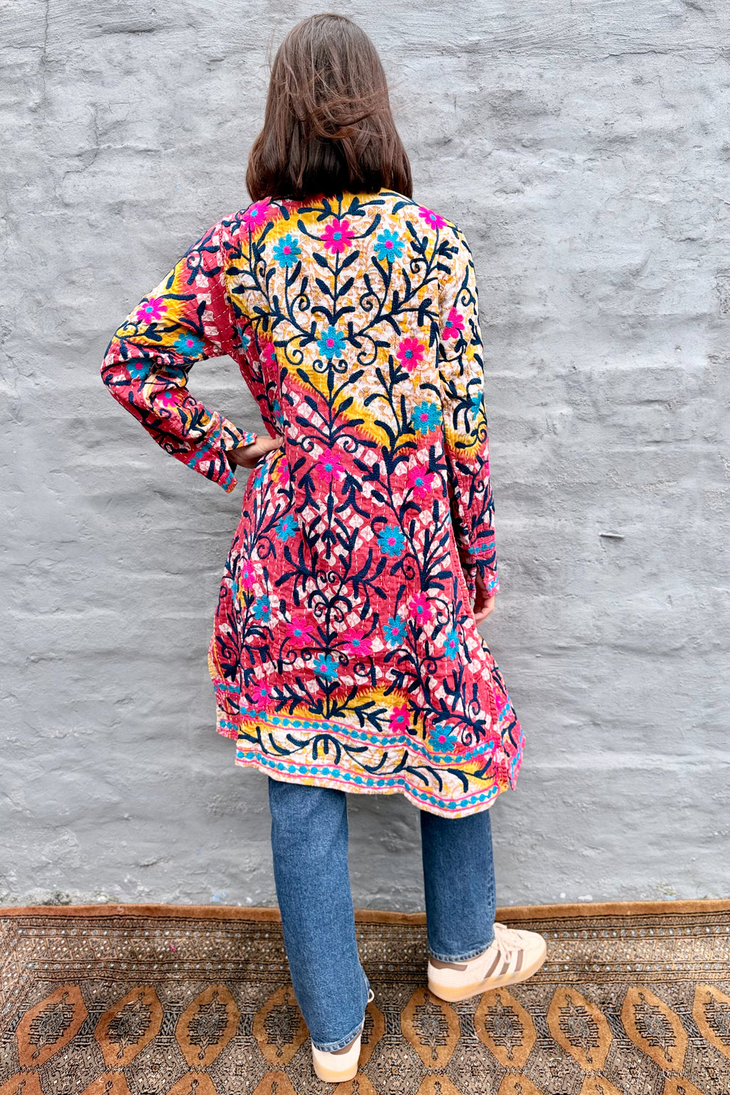 Embroidered Kantha Jacket In Pink & Sky Daisy