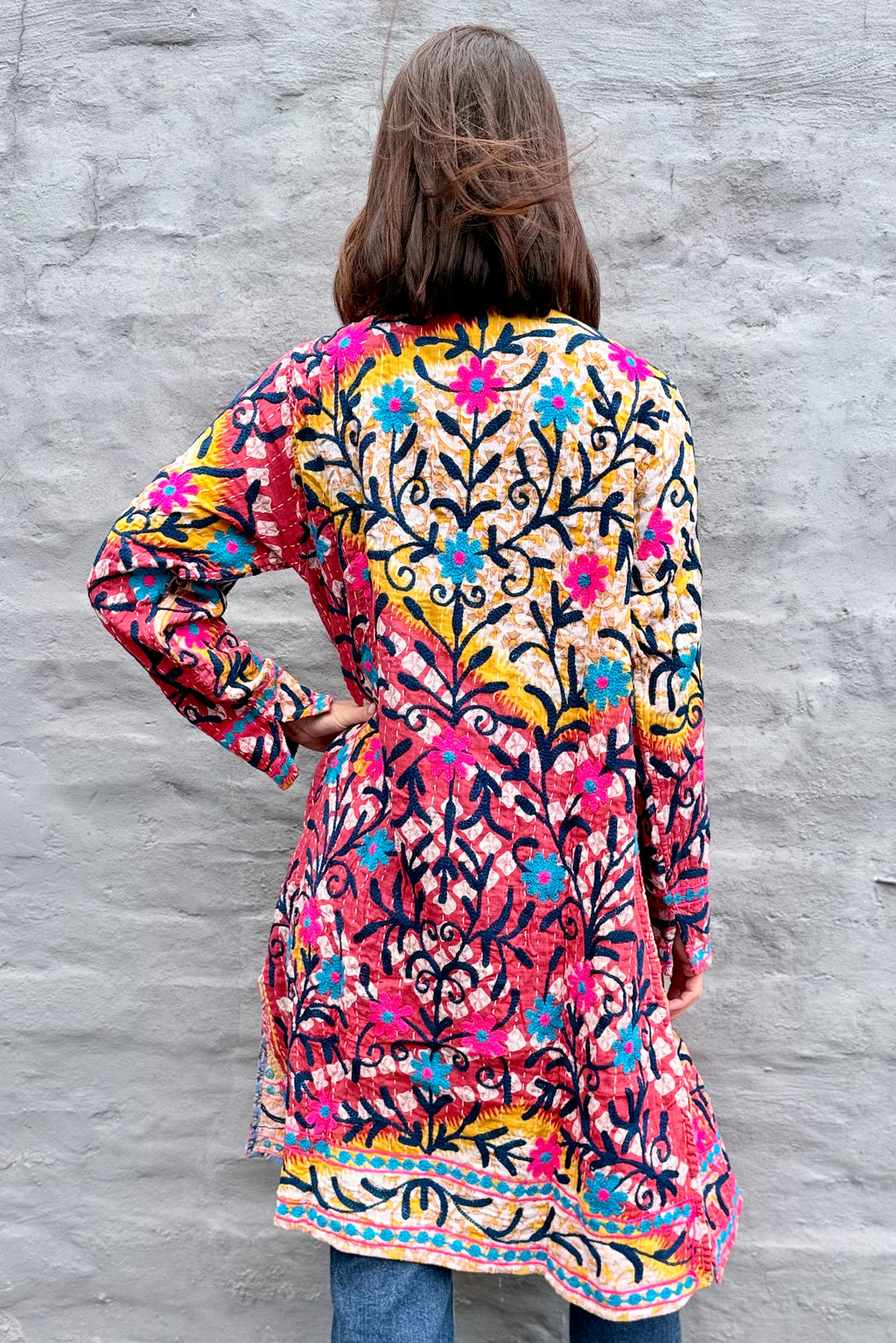 Embroidered Kantha Jacket In Pink & Sky Daisy