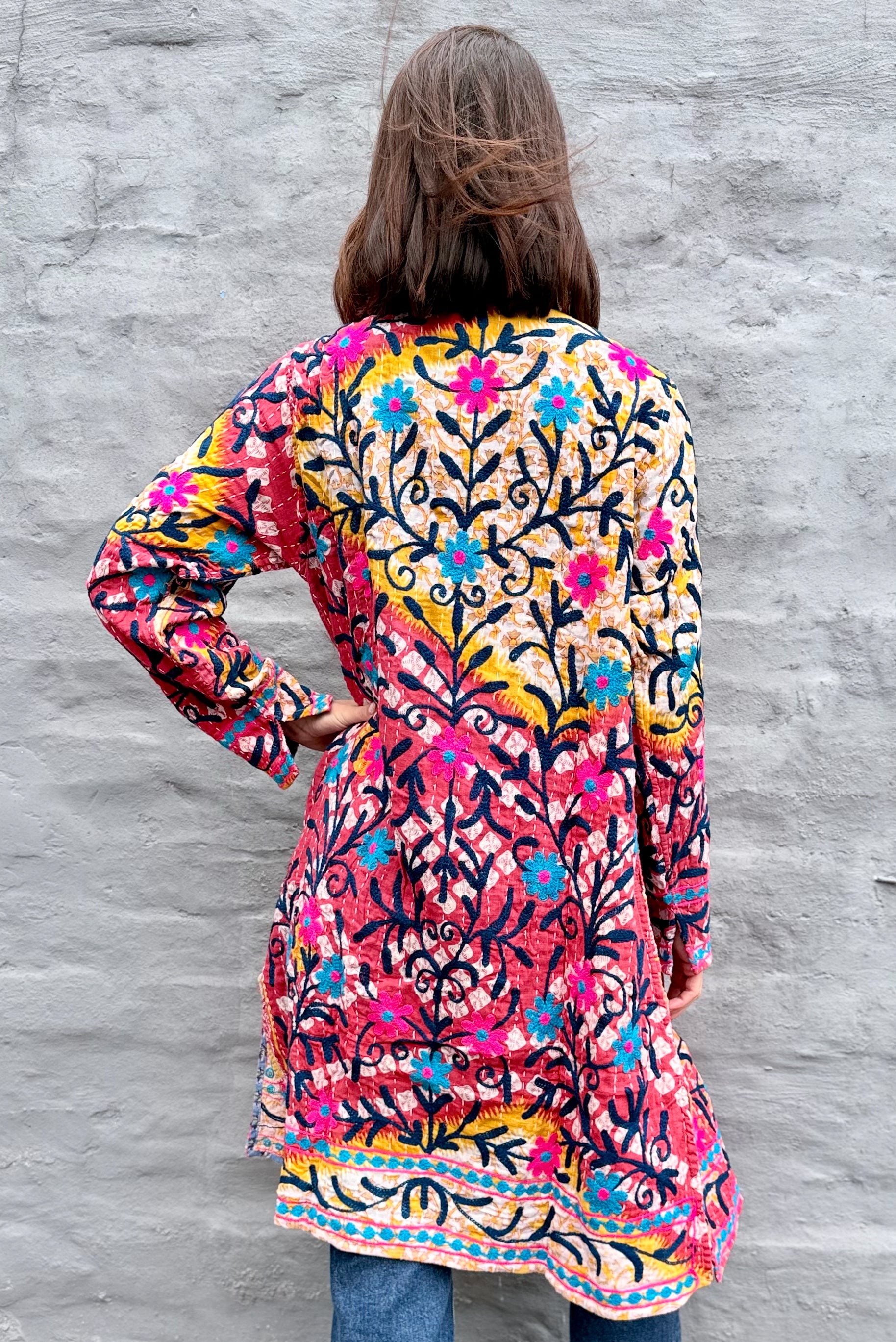 Embroidered Kantha Jacket In Pink & Sky Daisy