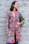 Embroidered Kantha Jacket In Ruby & Ice Daisy