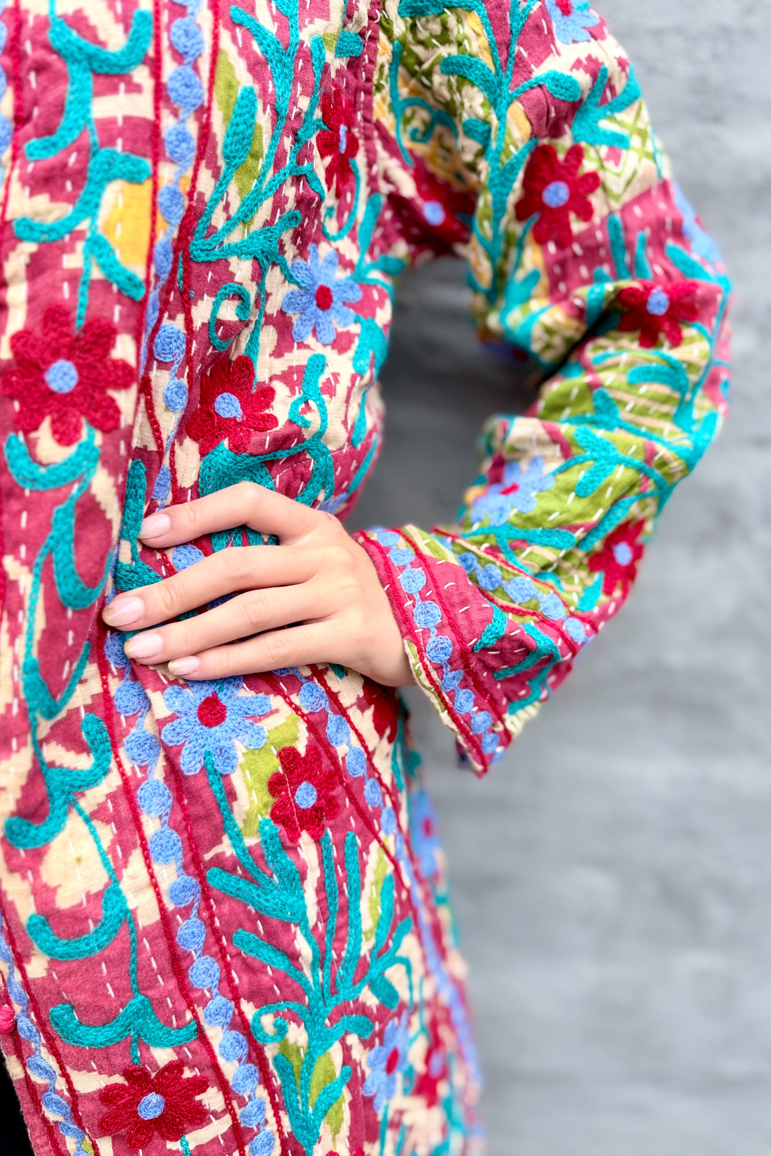 Embroidered Kantha Jacket In Ruby & Ice Daisy