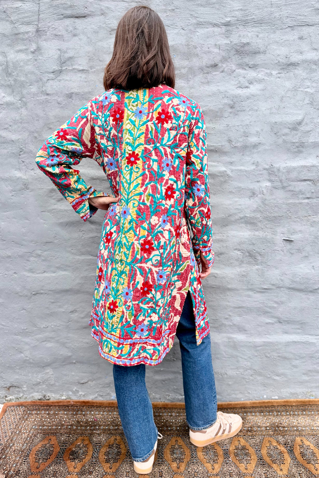 Embroidered Kantha Jacket In Ruby & Ice Daisy