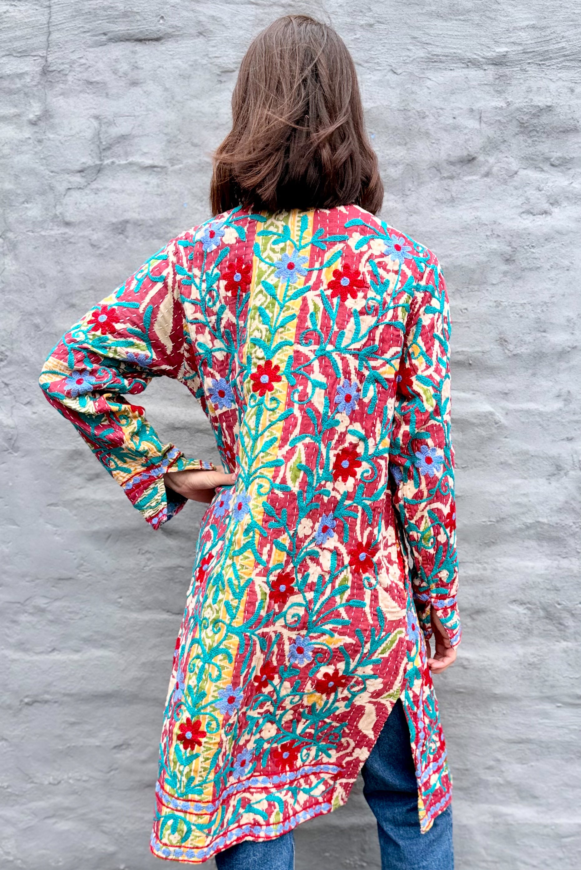 Embroidered Kantha Jacket In Ruby & Ice Daisy