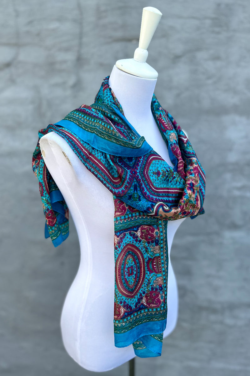 Silk Scarf In Teal & Wine