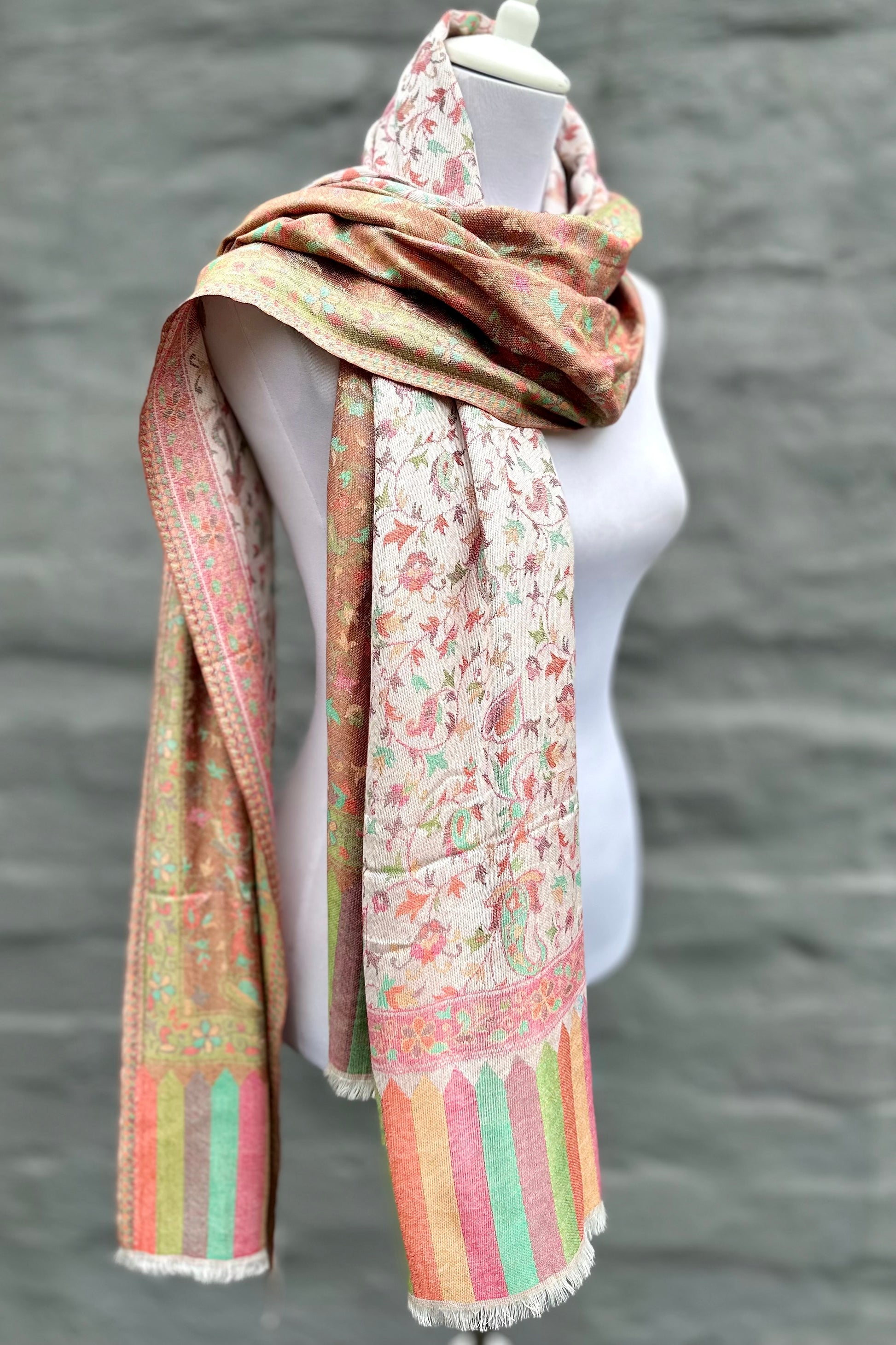 Cashmere & Bamboo Scarf In Beige Floral