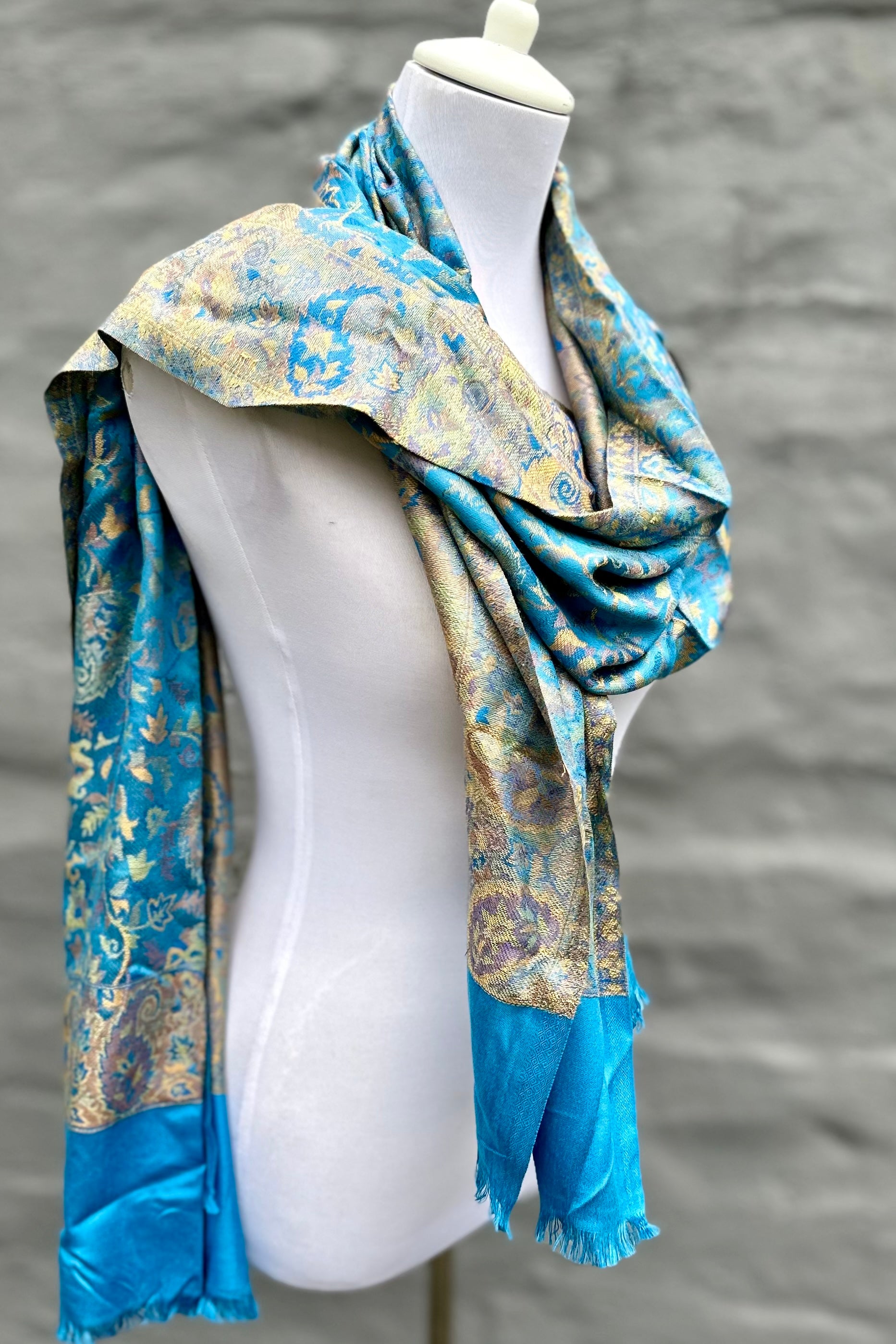 Cashmere & Bamboo Scarf In Sky Blue Botanical