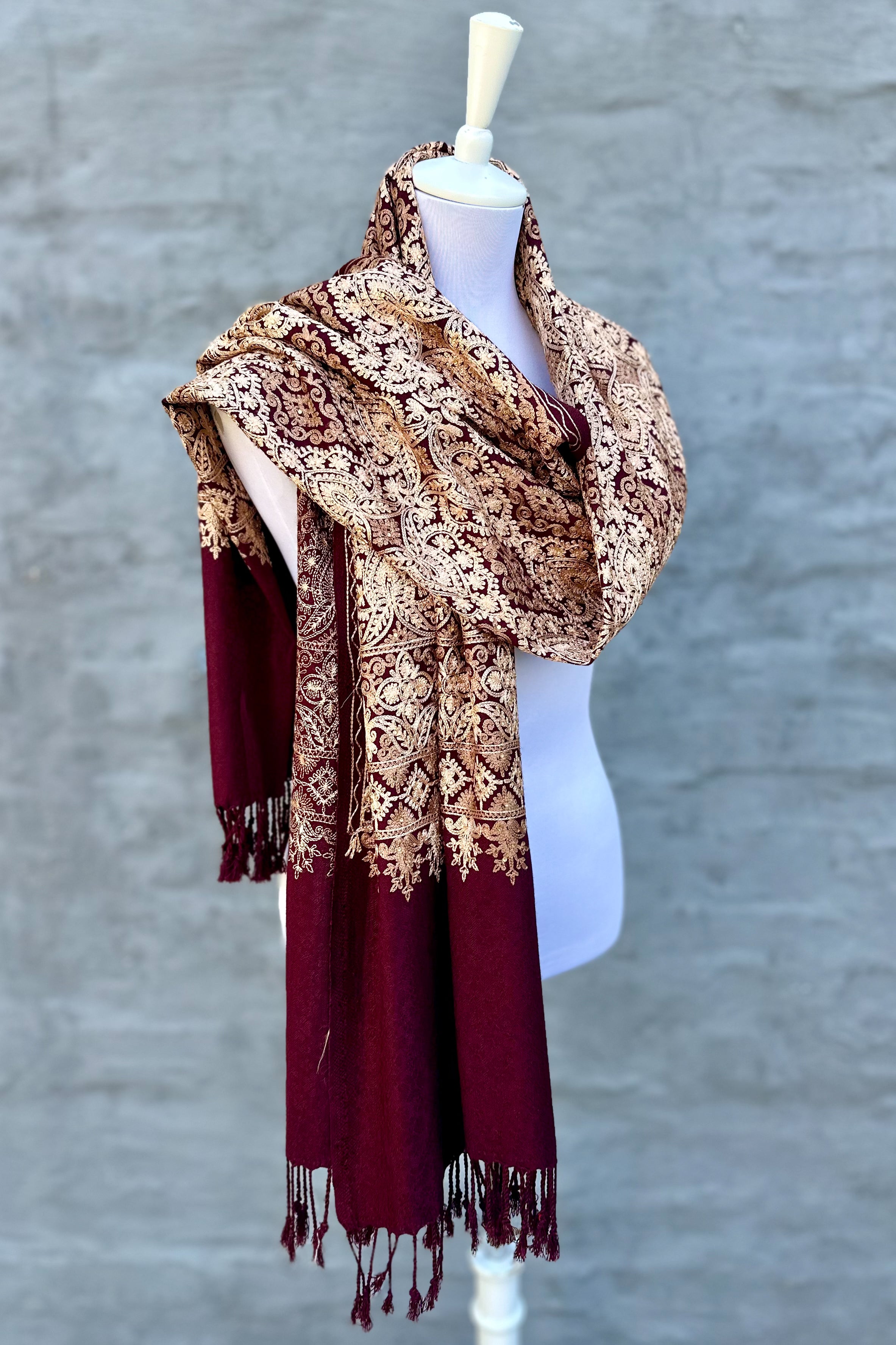 Embroidered Pashmina In Gold & Wine