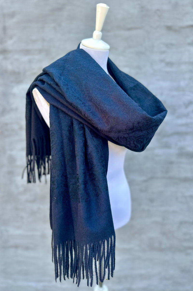 Embroidered Cashmere Pashmina In Ebony