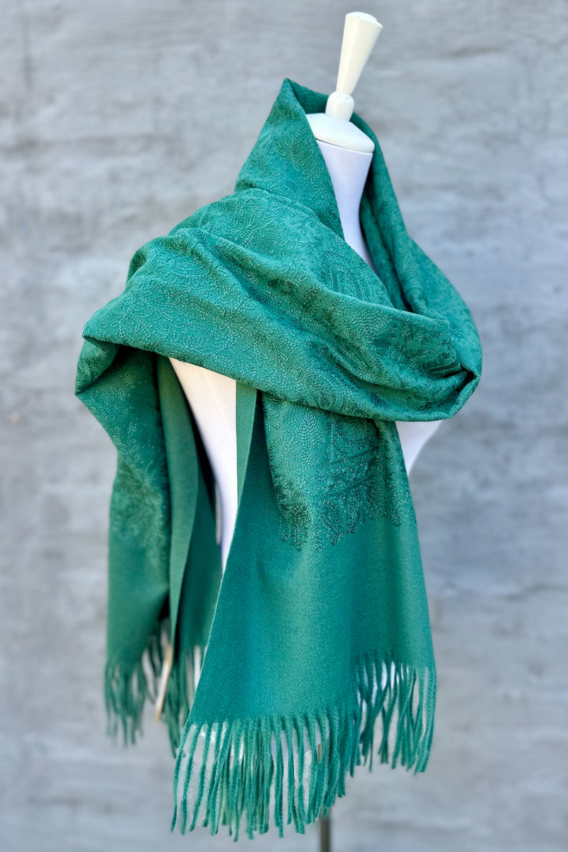 Embroidered Cashmere Pashmina In Fern