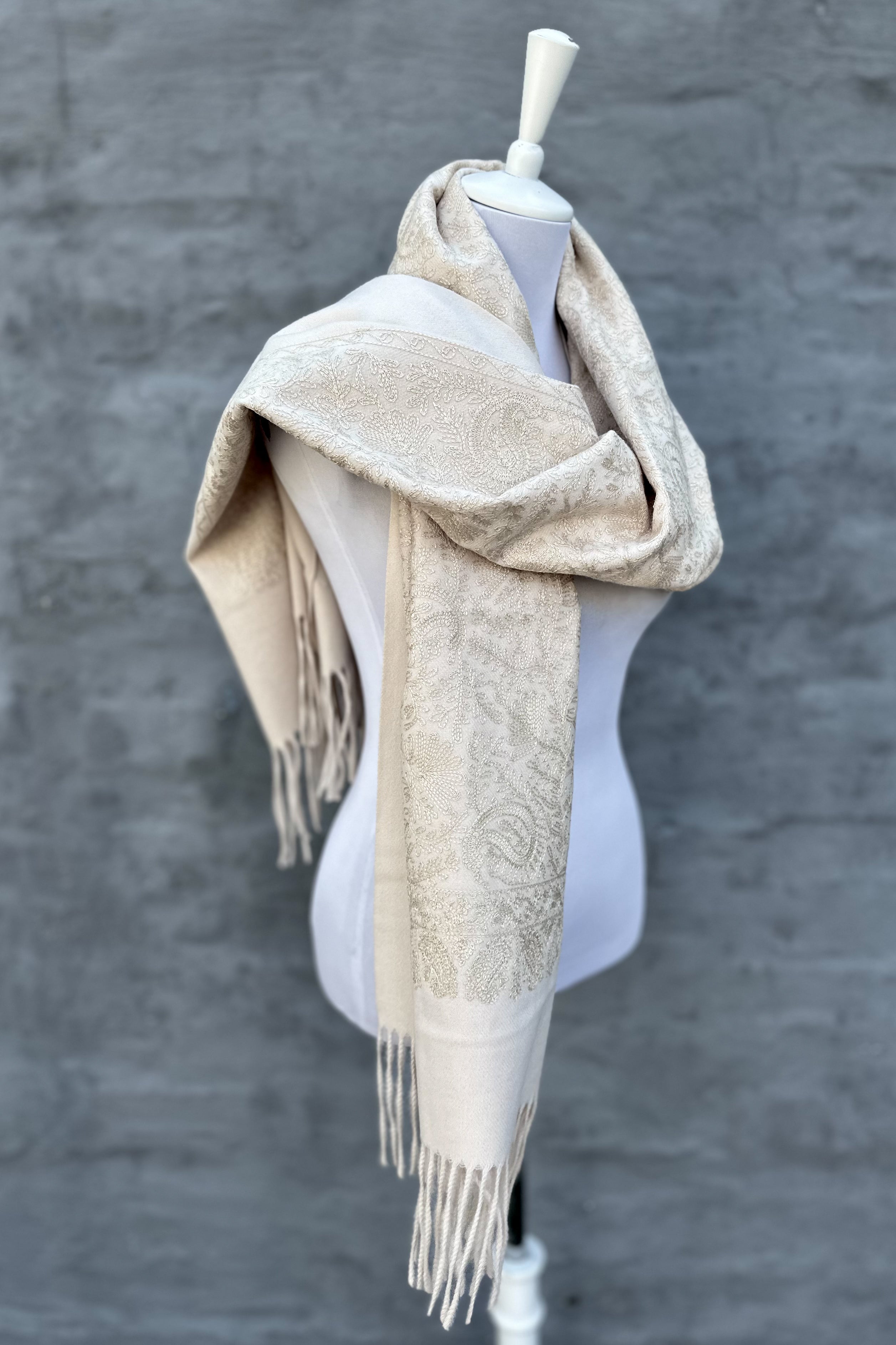 Embroidered Cashmere Pashmina In Sand