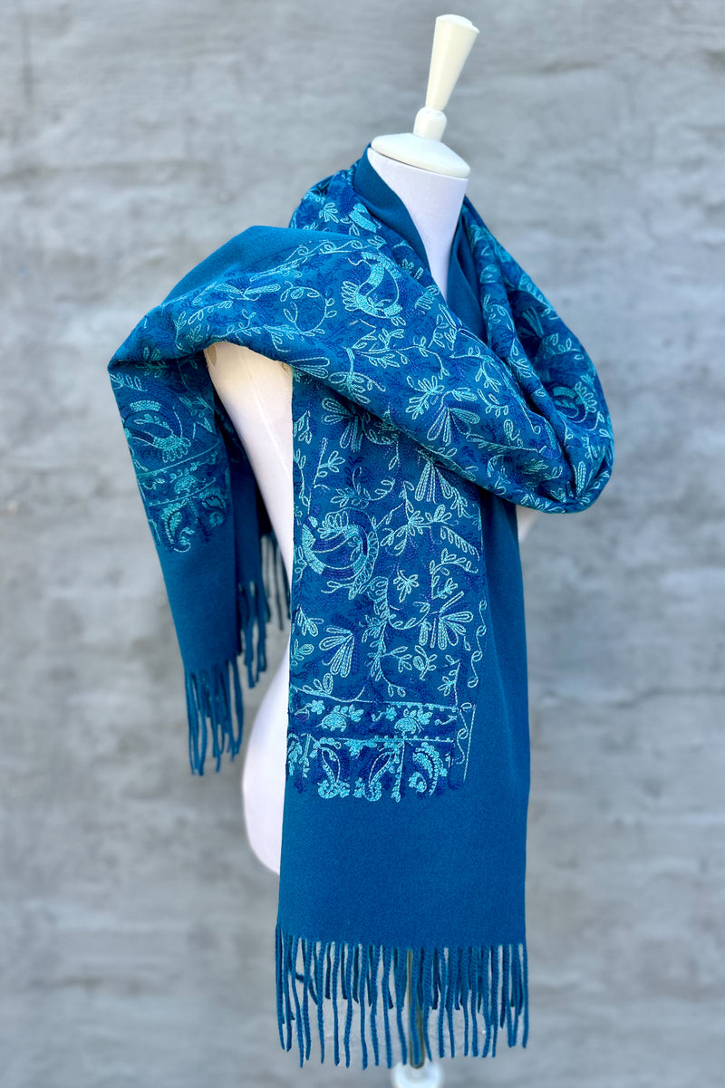 Embroidered Cashmere Pashmina In Peacock