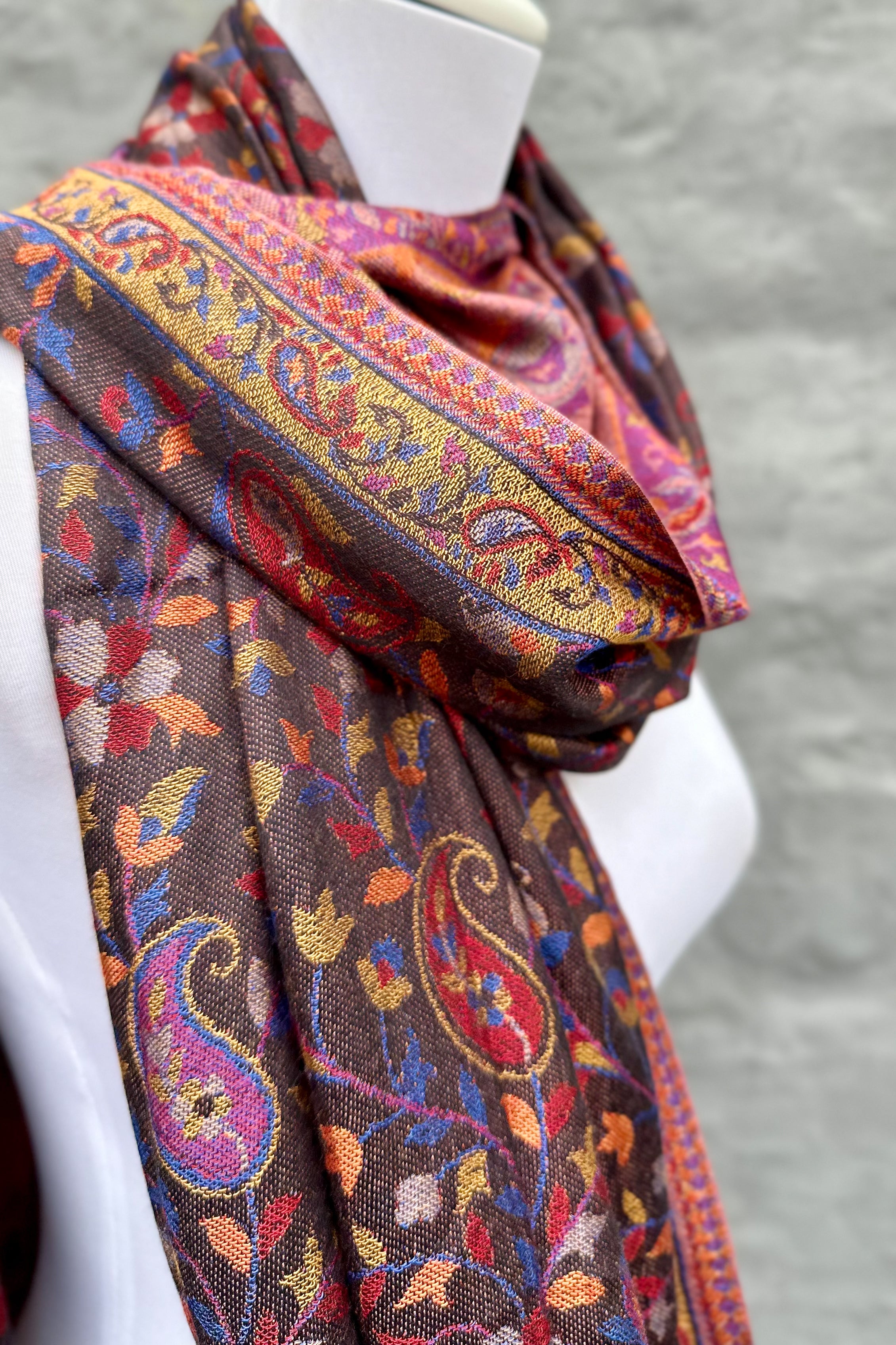 Cashmere & Bamboo Scarf In Chocolate Floral