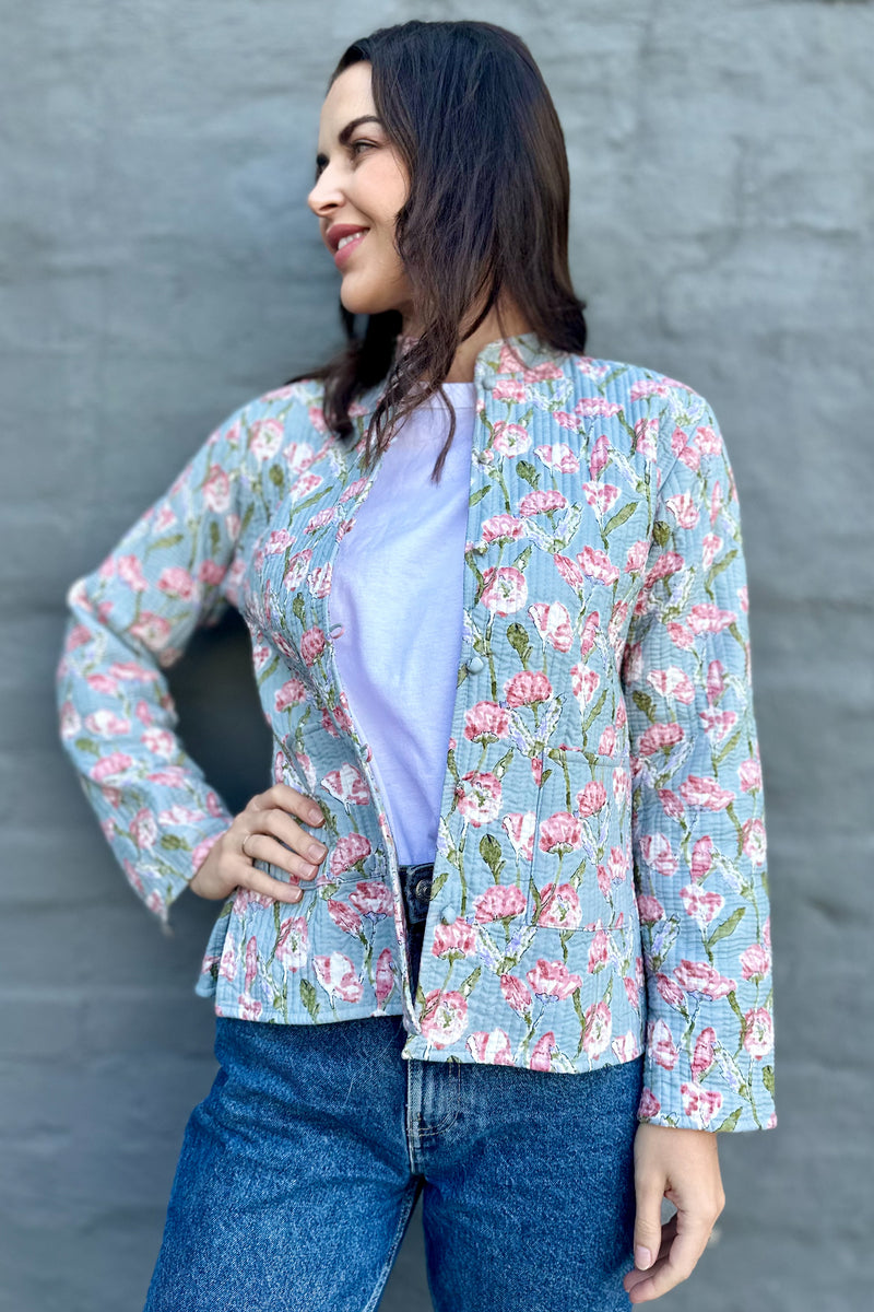 Quilted Cotton Jacket In Blue & Blush Rose Garden