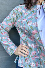 Quilted Cotton Jacket In Blue & Blush Rose Garden