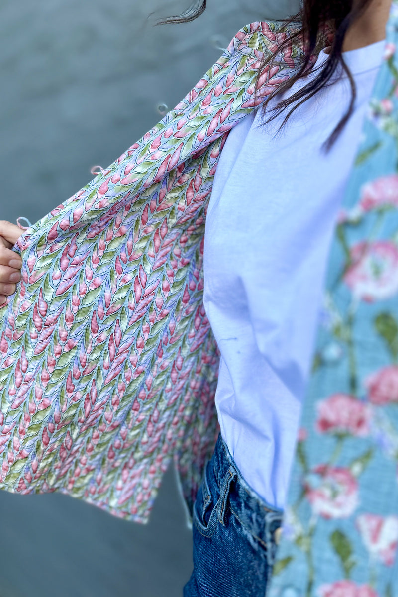 Quilted Cotton Jacket In Blue & Blush Rose Garden